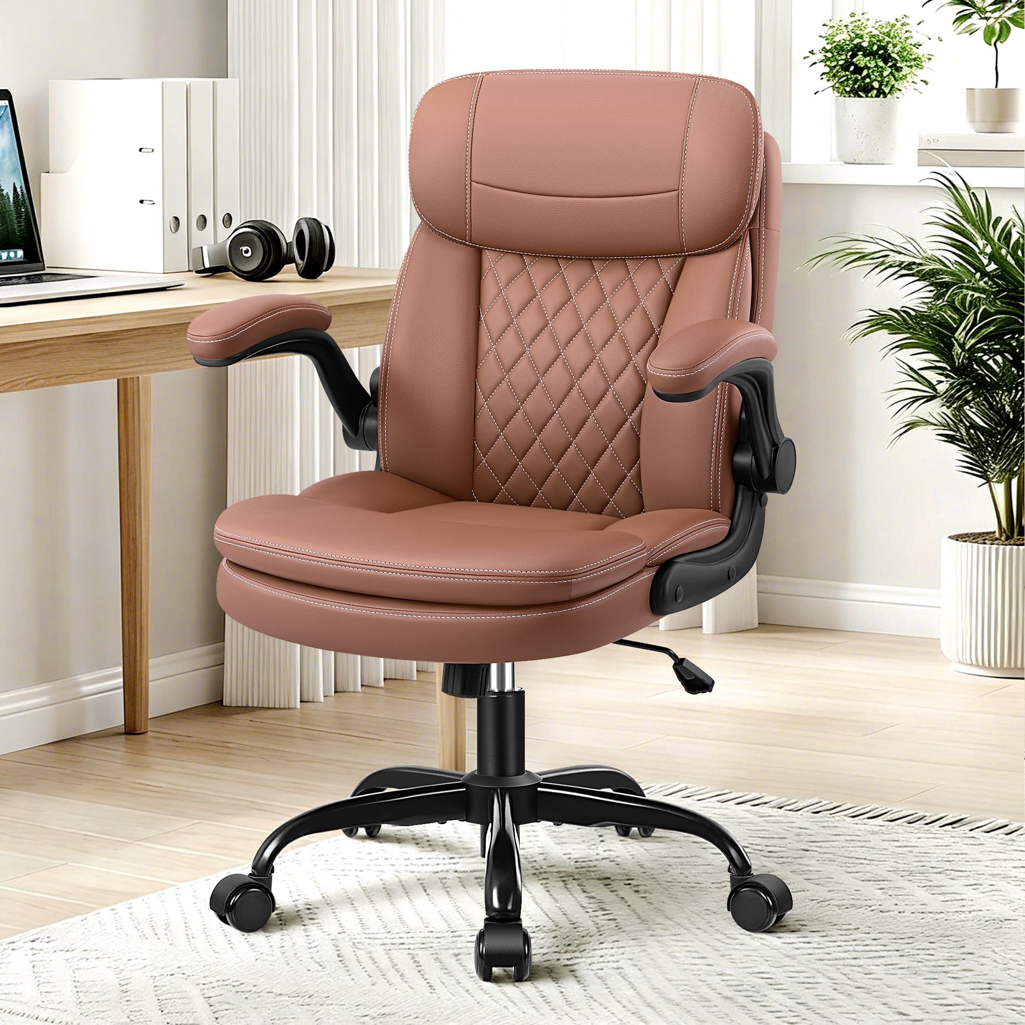 KERDOM - Computer Desk Chair with Double-Layer Seat Cushion & Neckrest, PU Leather Small Ergonomic Office Chair with Filp-up Arms - Brown