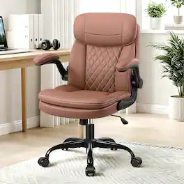 KERDOM - Computer Desk Chair with Double-Layer Seat Cushion & Neckrest, PU Leather Small Ergonomic Office Chair with Filp-up Arms - Brown