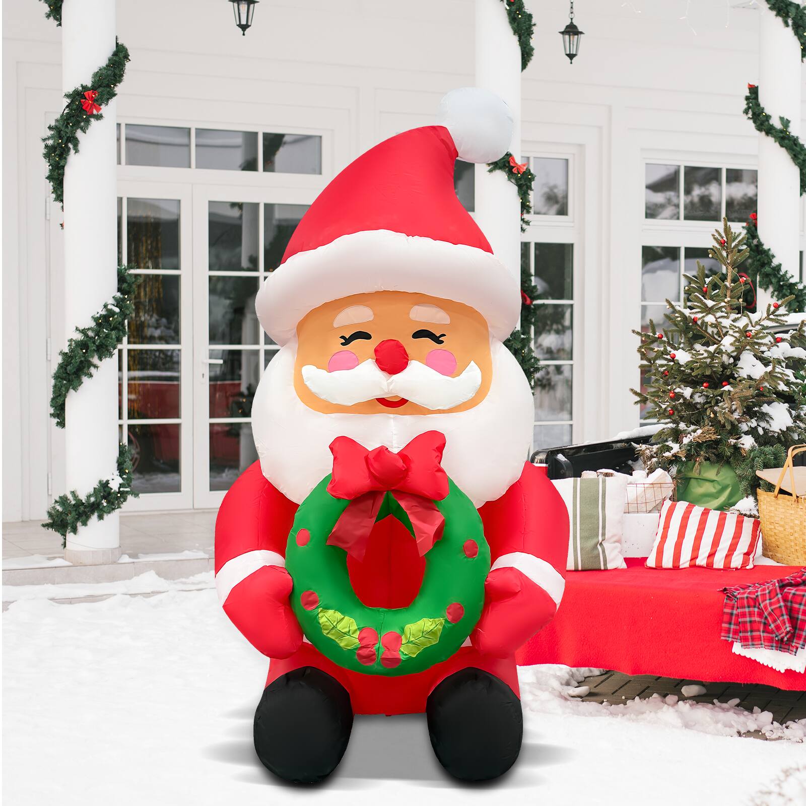 Angle. GOOSH Inflatables - GOOSH 5.2FT Santa Holding Wreath Inflatable with LED Lights for Outdoor Christmas Décor - Red.