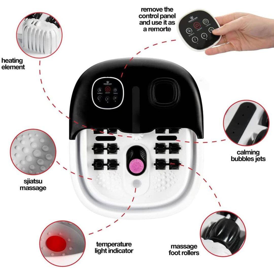 - Heating element
- Shiatsu massage
- Calming bubbles jets
- Massage foot rollers
- Temperature light indicator
- Remove the control panel and use it as a remote