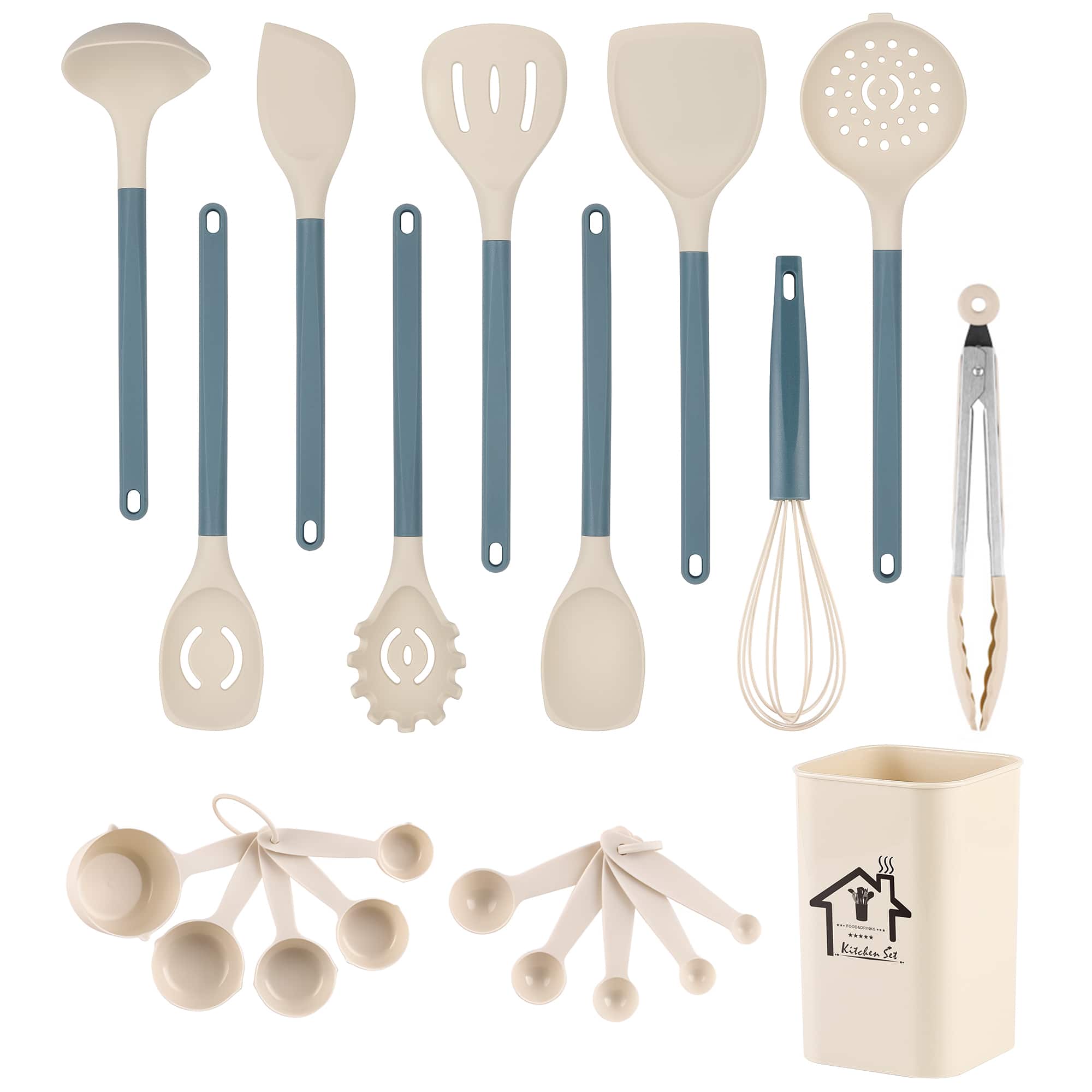 Sugift - 21-Piece Silicone Kitchen Utensil Set with Holder – Heat-Resistant Nonstick Cooking Tools with Measuring Cups and Spoons - Blue