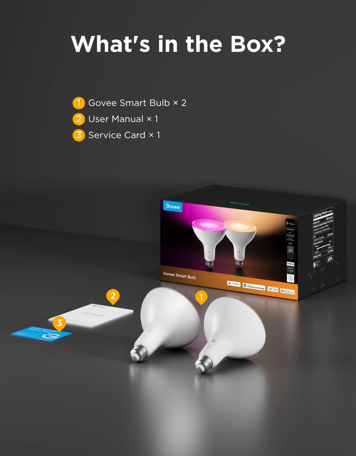 What's in the Box?

1. Govee Smart Bulb x 2
2. User Manual x 1
3. Service Card x 1