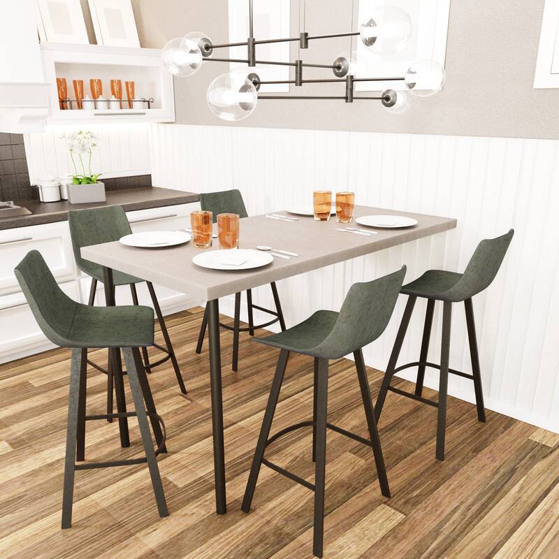 Angle. LeisureMod - Elland 2 Pcs Modern Upholstered Leather Bar Stool with Iron Legs and Footrest, Counter Height Dining Stool - Olive Green.