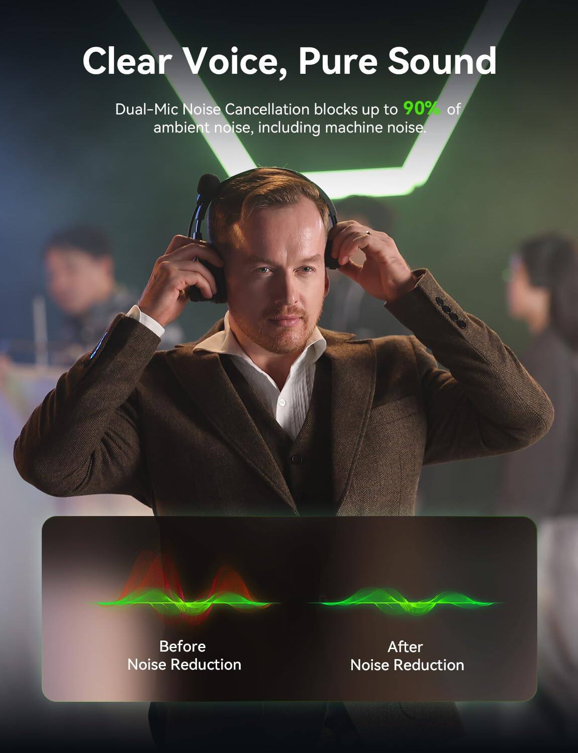 Clear Voice, Pure Sound

Dual-Mic Noise Cancellation blocks up to 90% of ambient noise, including machine noise.

Before Noise Reduction

After Noise Reduction