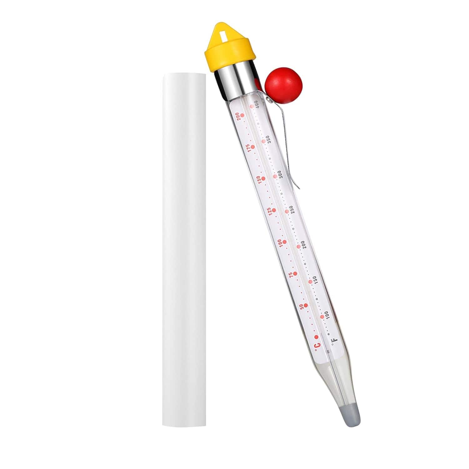 Auledio - Candy chocolate food thermometer, instant reading glass food kitchen cooking thermometer with pot clamp and food hook - White