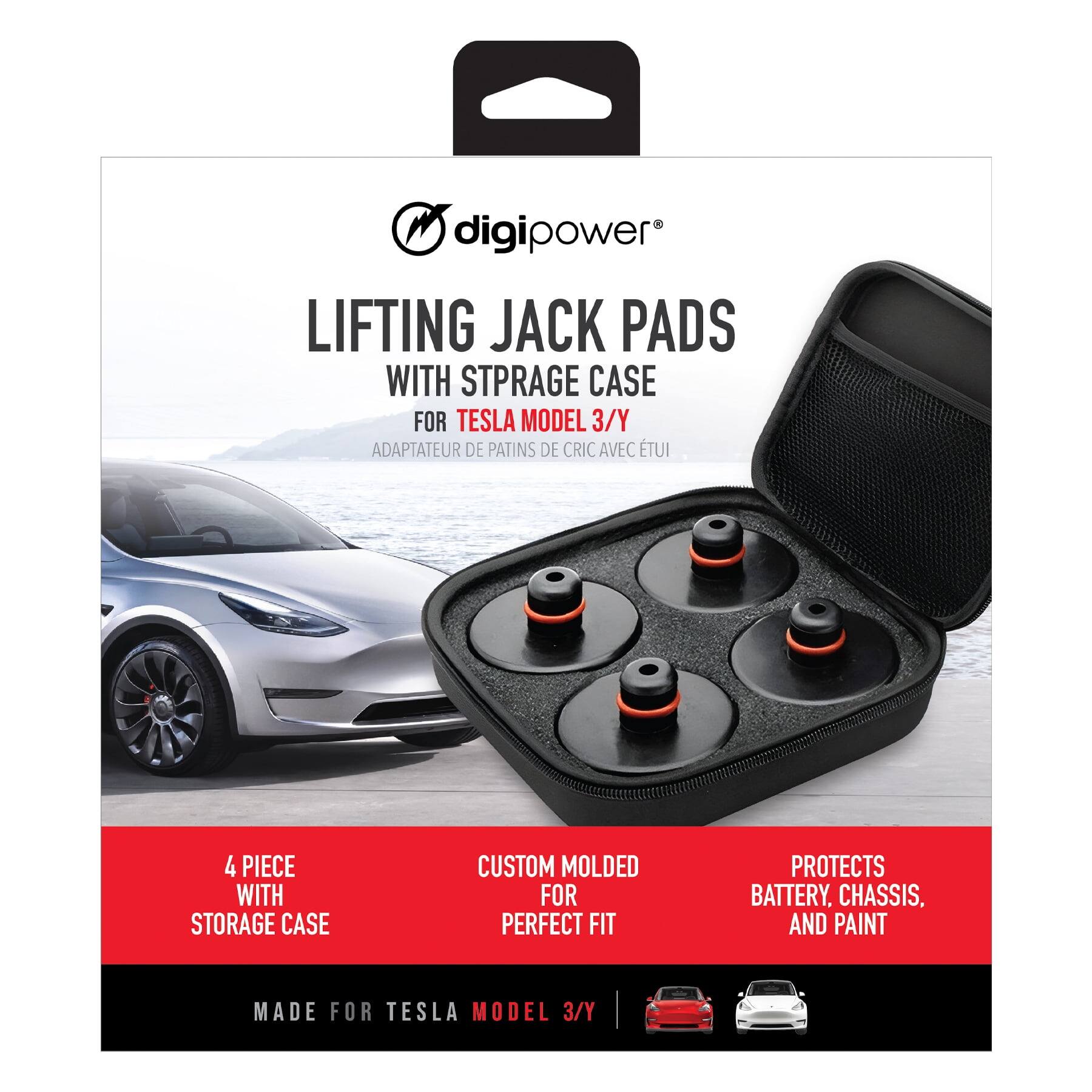 digipower LIFTING JACK PADS WITH STORAGE CASE FOR TESLA MODEL 3/Y  
ADAPTATEUR DE PATINS DE CRIC AVEC ÉTUI  

4 PIECE WITH STORAGE CASE  
CUSTOM MOLDED FOR PERFECT FIT  
PROTECTS BATTERY, CHASSIS, AND PAINT  
MADE FOR TESLA MODEL 3/Y