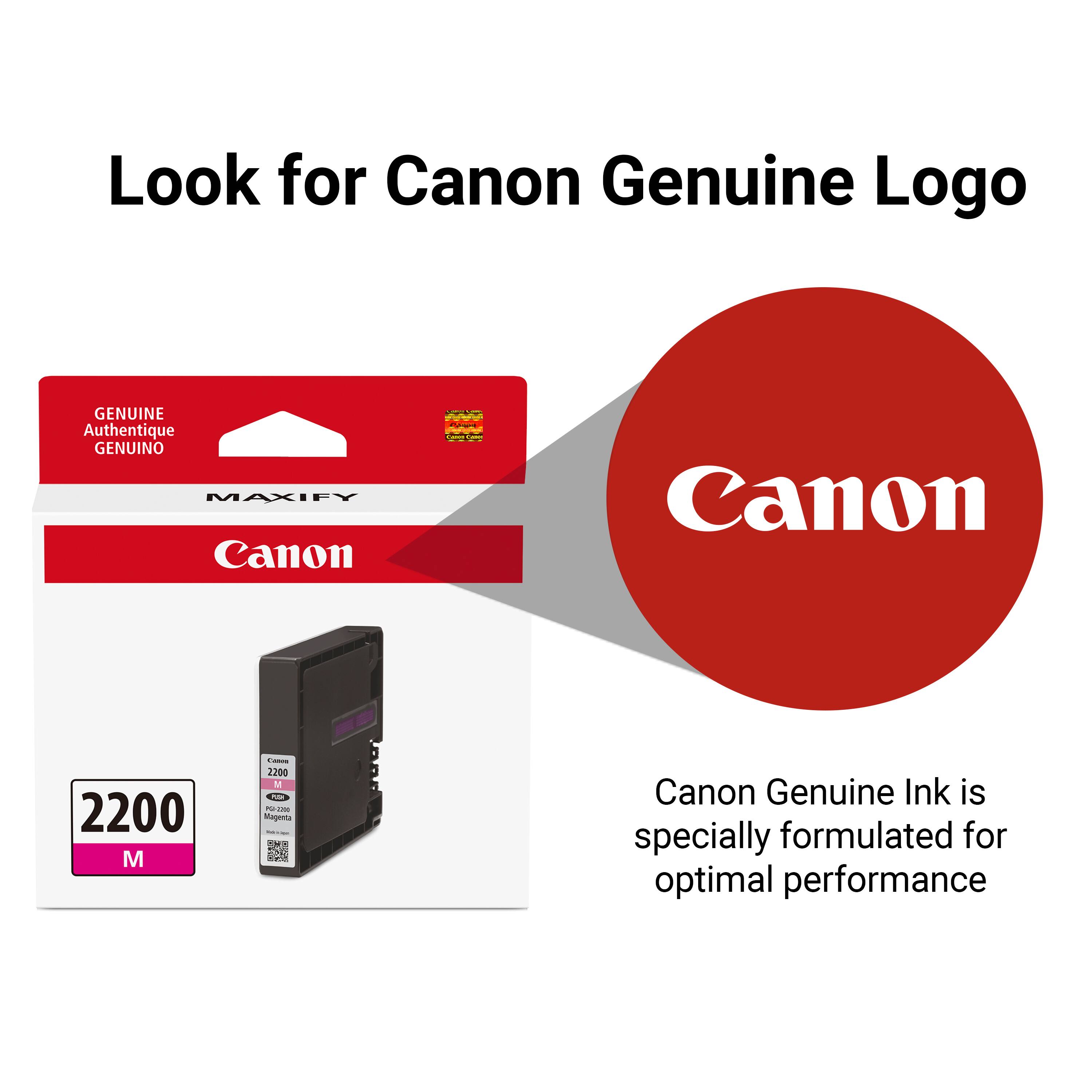 Look for Canon Genuine Logo

GENUINE Authentique GENUINO

MAXIFY

Canon

Canon 2200 M - 2200 - P - Magenta 1

Canon Genuine Ink is specially formulated for optimal performance