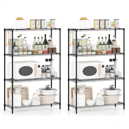 4 shelves, each with a microwave, jars of spices, bottles, and kitchen utensils.