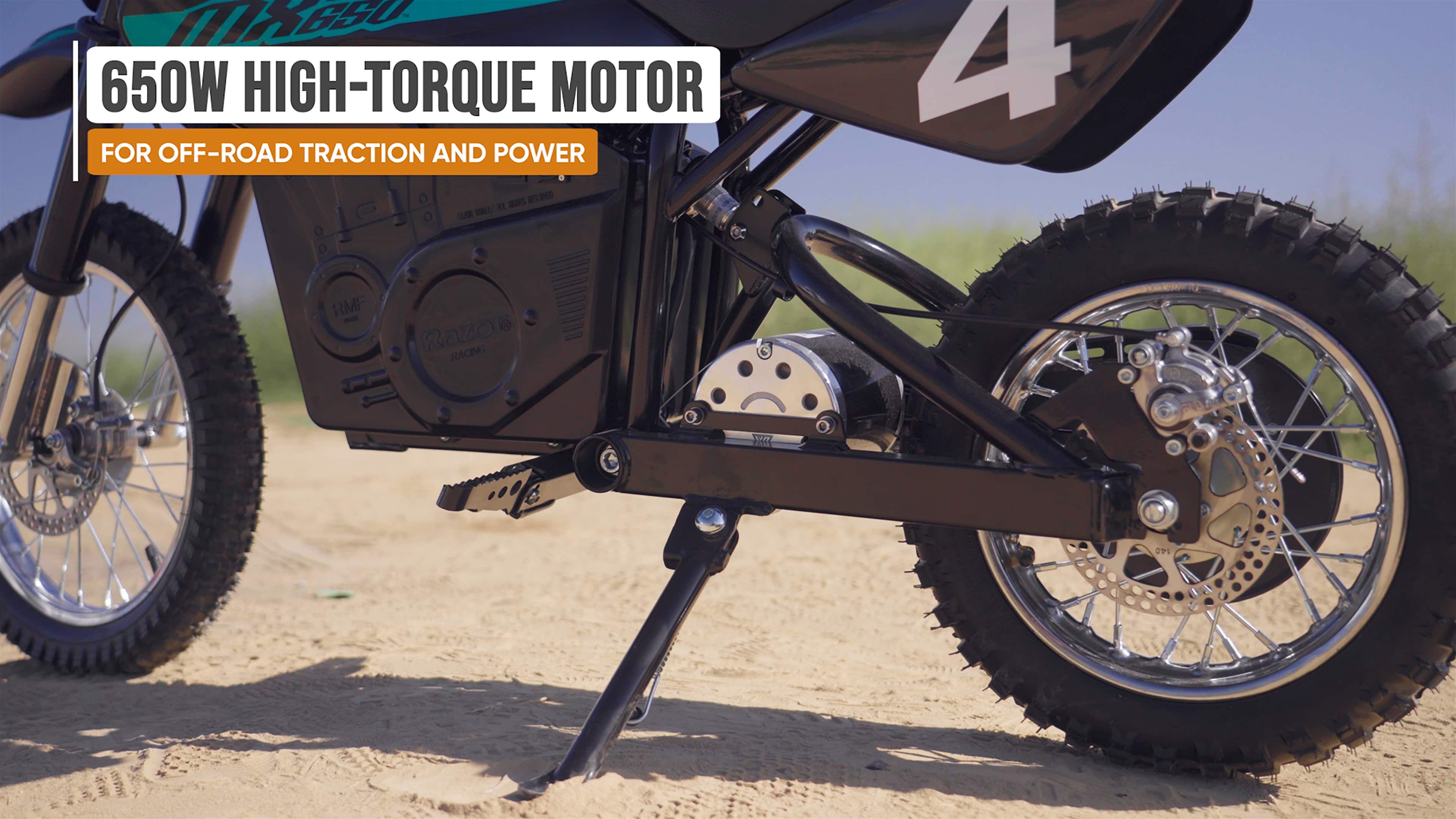 The text on the image reads: "650W High-Torque Motor for Off-Road Traction and Power."
