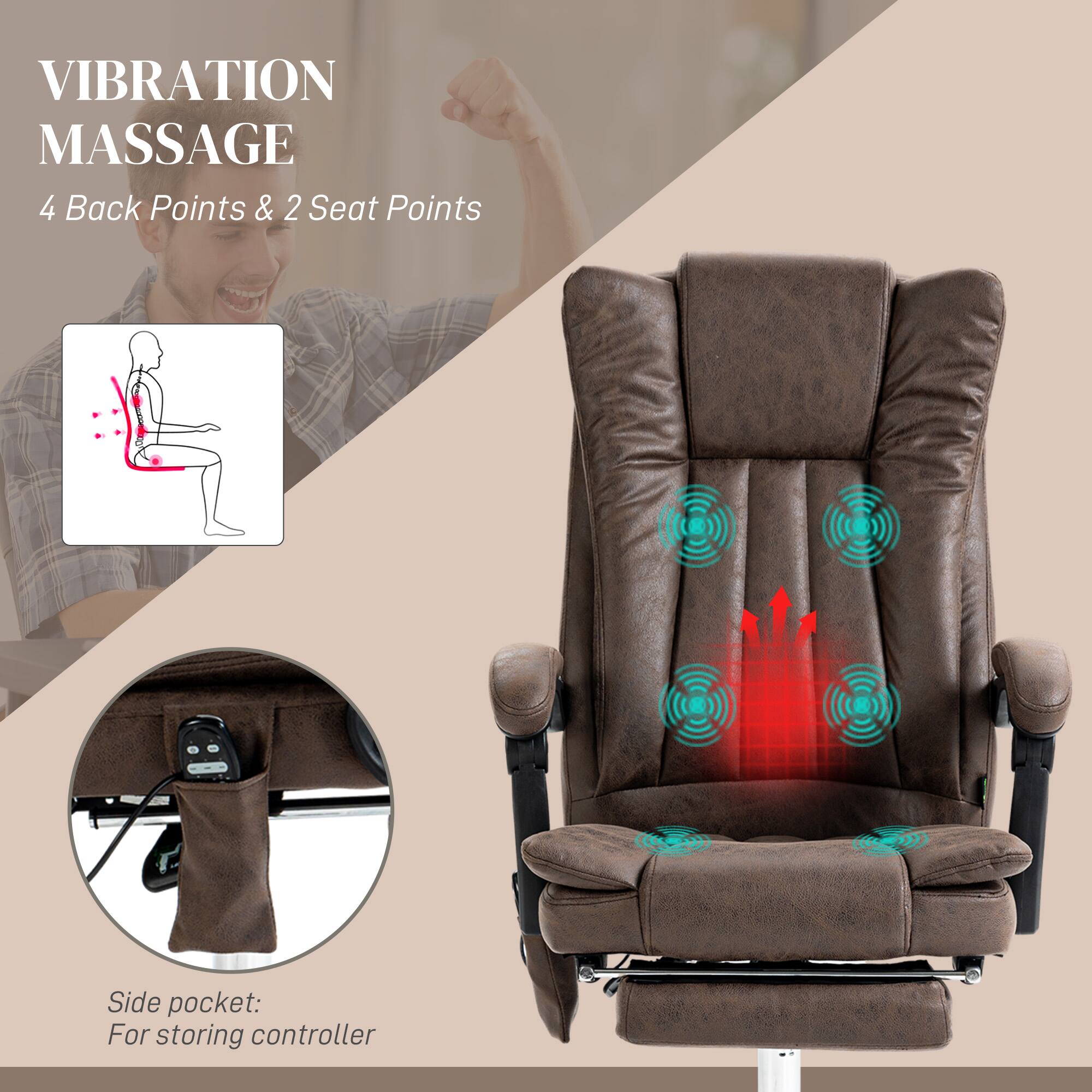 VIBRATION MASSAGE
4 Back Points & 2 Seat Points
Side pocket: For storing controller