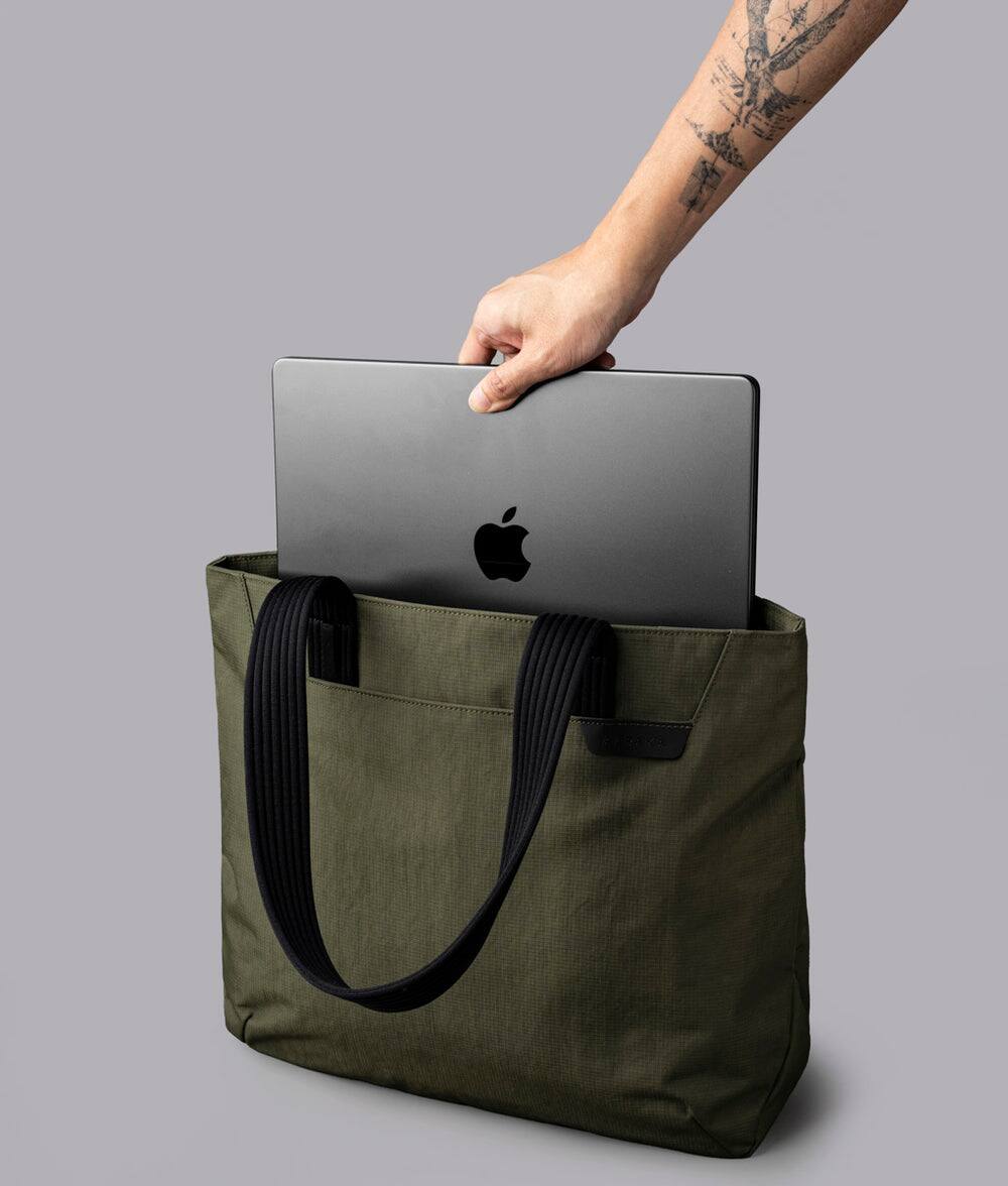 Alt View 5. ALPAKA - Flight Tote (M) Laptop Tote Bag for Work, Tote Bag Fits 14" MacBook Pro, Water Bottle Pocket, Luggage Pass-Through - Green Axoflux 400D.