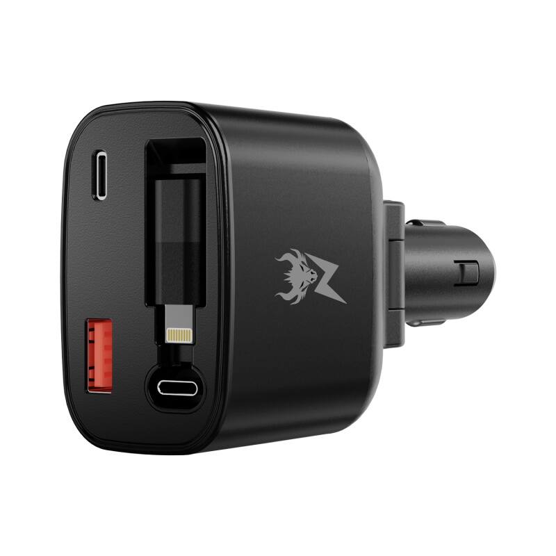 Left. AmpNergy - AmpNergy Speedemon 105W 4-in-1 Car Charger with Dual Ports & Retractable Cables - Black - Black.