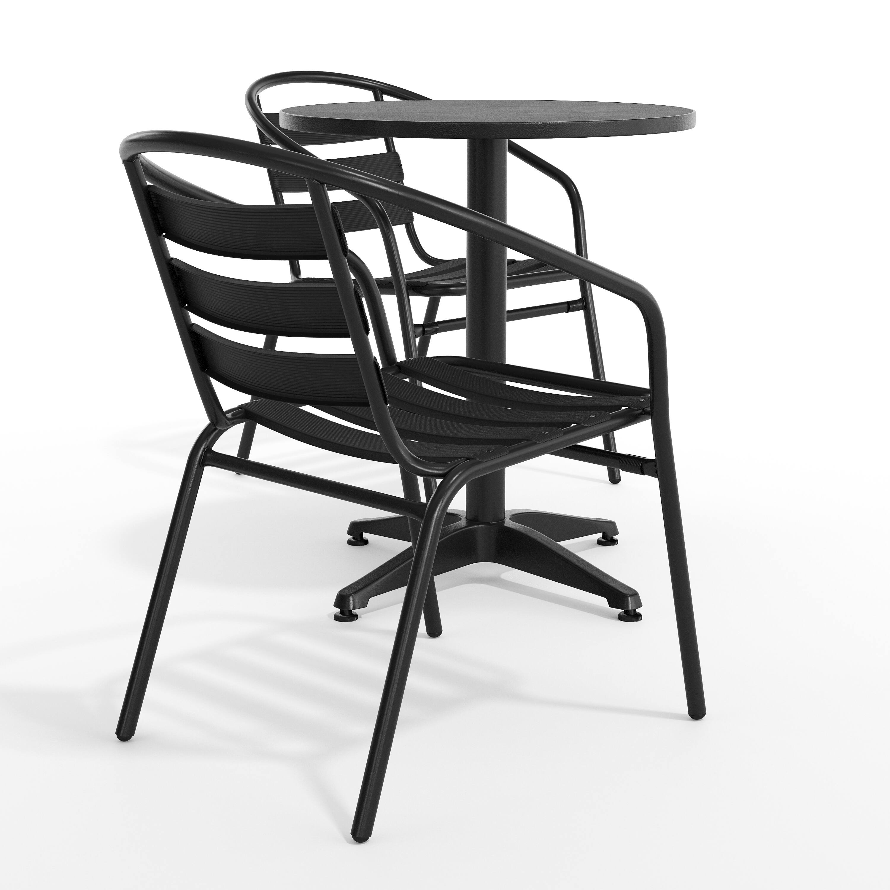 Left. Flash Furniture - Lila 23.5'' Black Round Aluminum Indoor-Outdoor Table Set with 2 Black Slat Back Chairs - Black.