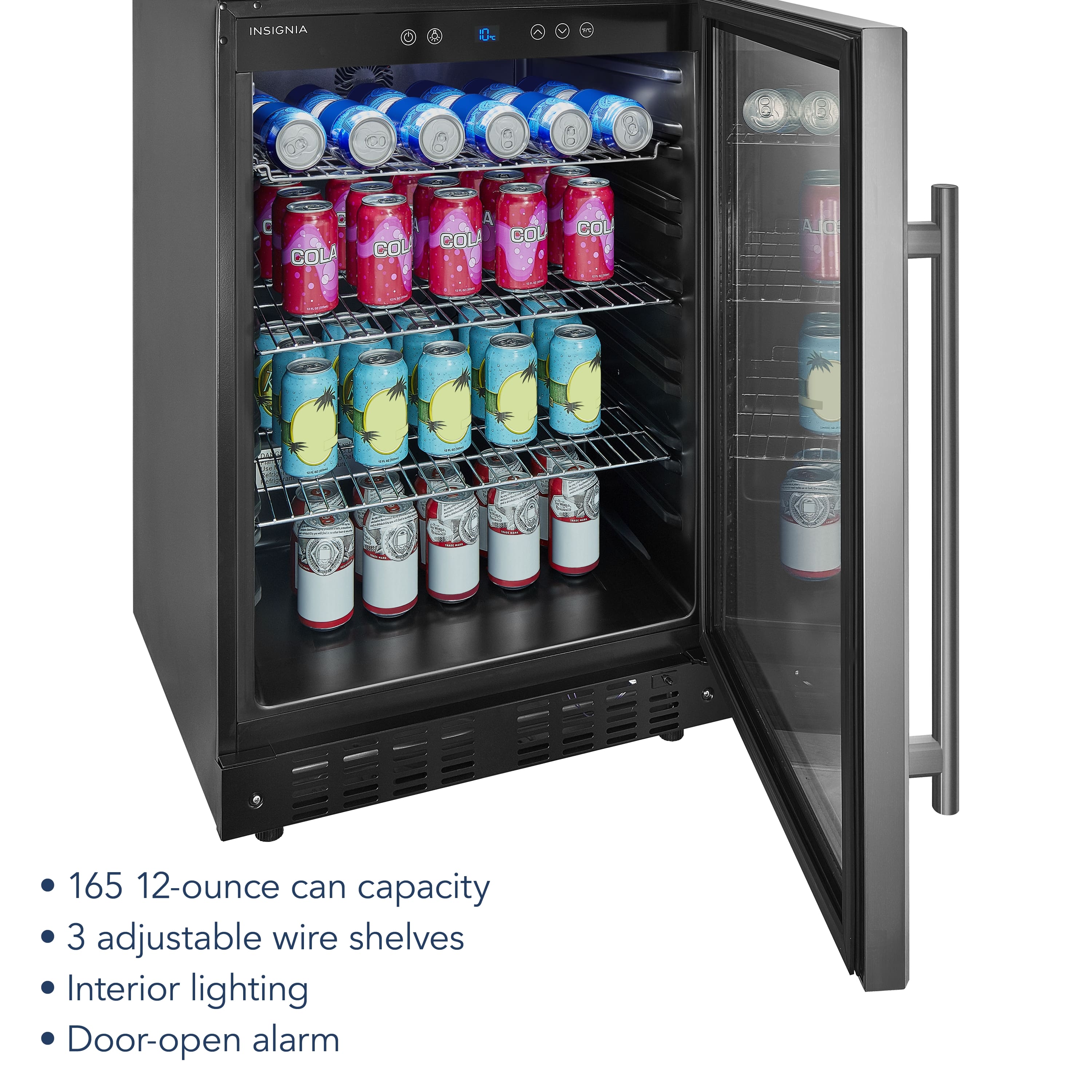 The image features a black refrigerator with a door-open alarm, interior lighting, and a 165 12-ounce can capacity. The refrigerator is filled with various beverages, including cans of soda and juice. There are at least 12 different types of drinks visible in the refrigerator, with some placed on the top shelf, some on the middle shelf, and others on the bottom shelf. The refrigerator is well-stocked and ready for use.
