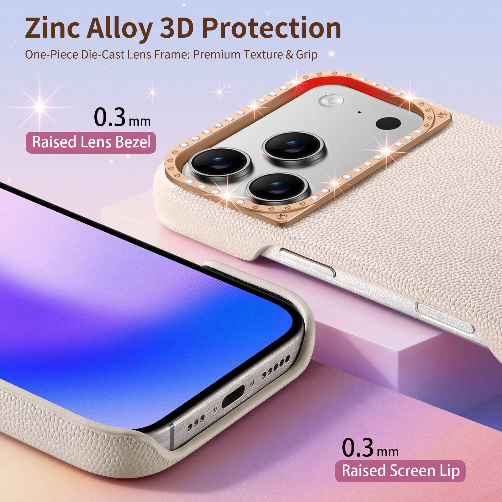 Zinc Alloy 3D Protection  
One-Piece Die-Cast Lens Frame: Premium Texture & Grip  
0.3 mm Raised Lens Bezel  
0.3 mm Raised Screen Lip