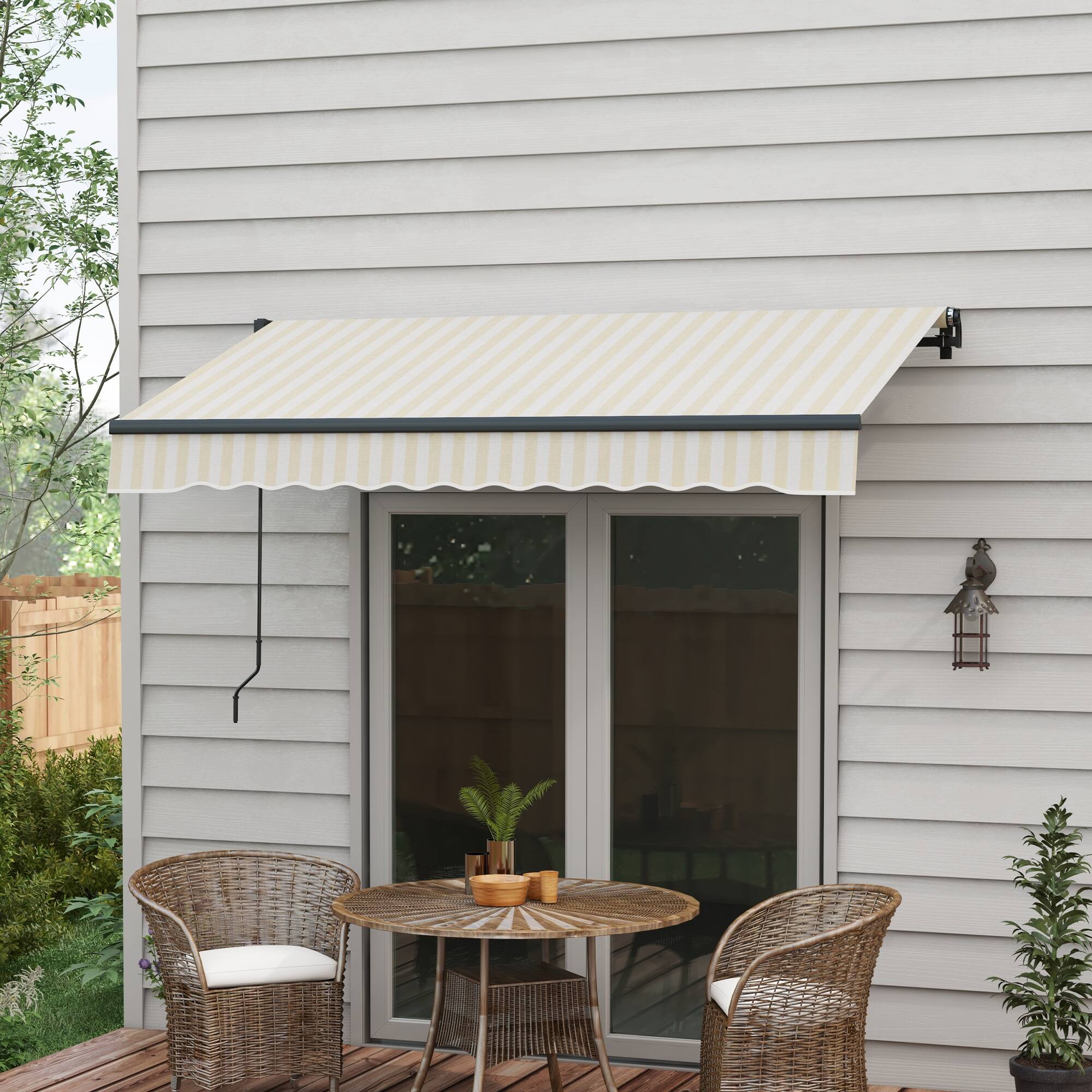 Angle. Outsunny - 8' x 6.5' Retractable Awning, Patio Awning Sunshade Shelter with Manual Crank Handle, 280gsm UV Resistant Fabric - Beige and White.