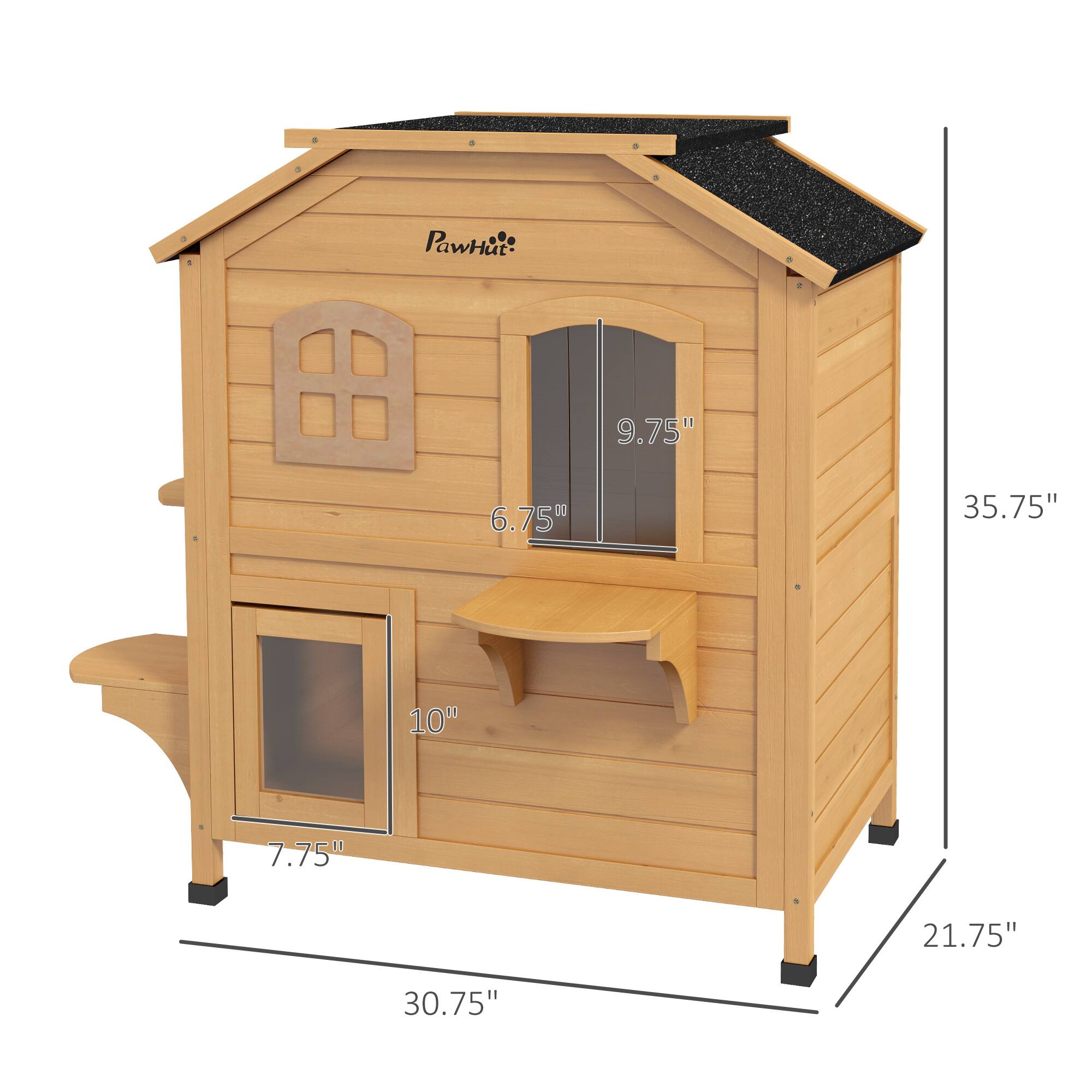 PawHut

- Height: 35.75"
- Width: 30.75"
- Depth: 21.75"
- Door Height: 9.75"
- Door Width: 6.75"
- Window Height: 10"
- Window Width: 7.75"