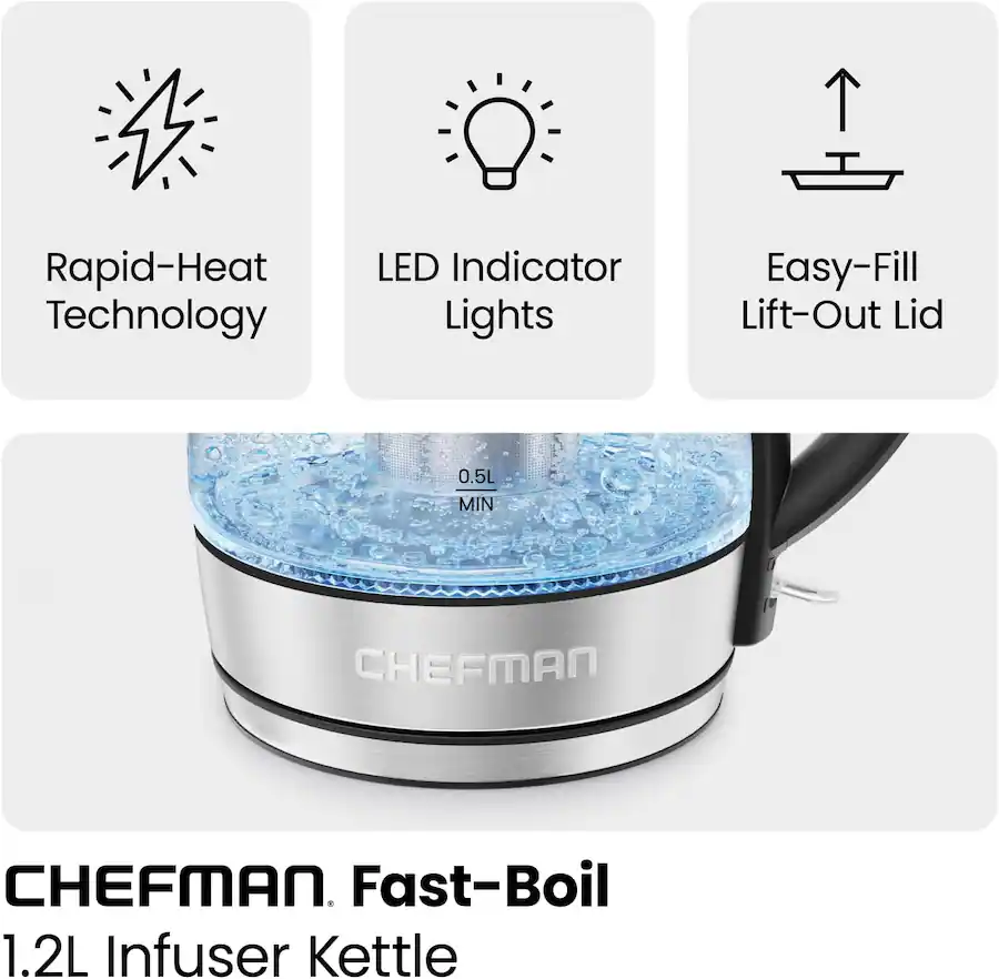 Chefman Rapid Boil 1.2L Electric Tea Kettle w/ Tea Infuser and ...