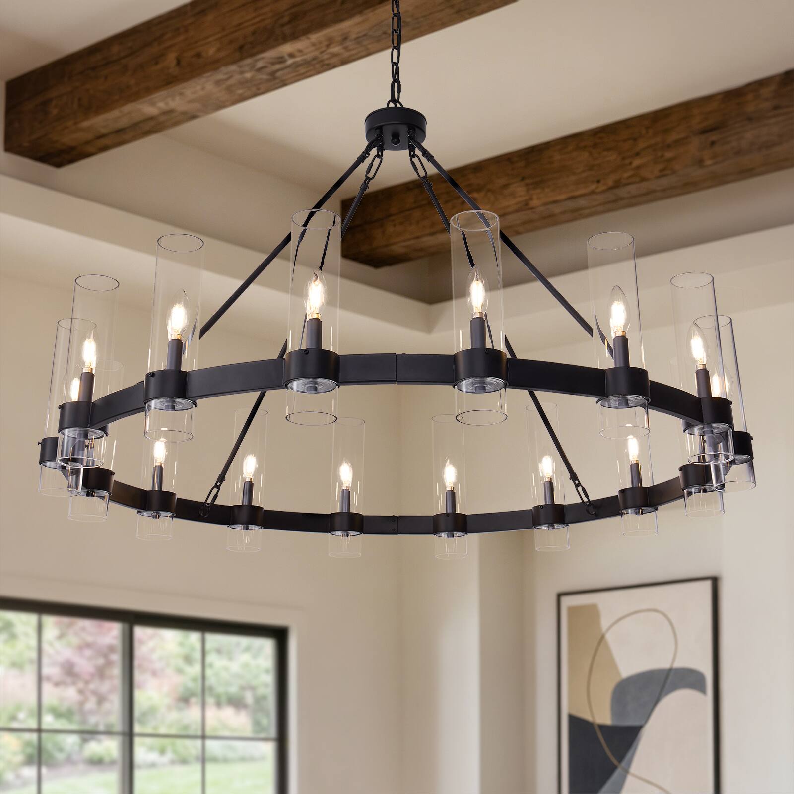 Angle. Siljoy - 48 Inch 16 Light Black Wrought Iron Wagon Wheel Chandelier Clear Cylinder Candle Pendant Light for Dining Room Island - Black.