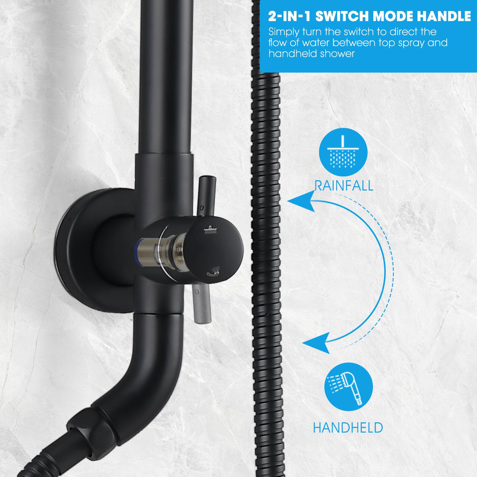 2-IN-1 SWITCH MODE HANDLE  
Simply turn the switch to direct the flow of water between top spray and handheld shower  

RAINFALL  
HANDHELD