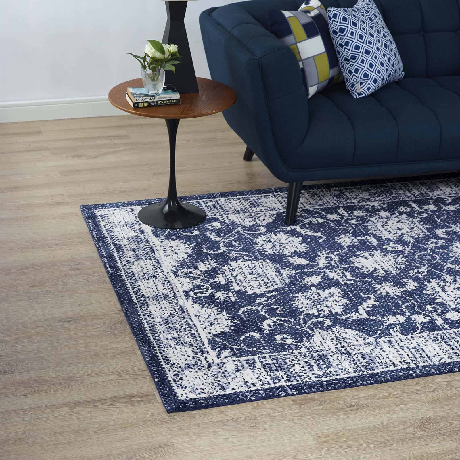 Left. Modway - Kazia Distressed Floral Lattice Area Rug - Dark Blue and Ivory.
