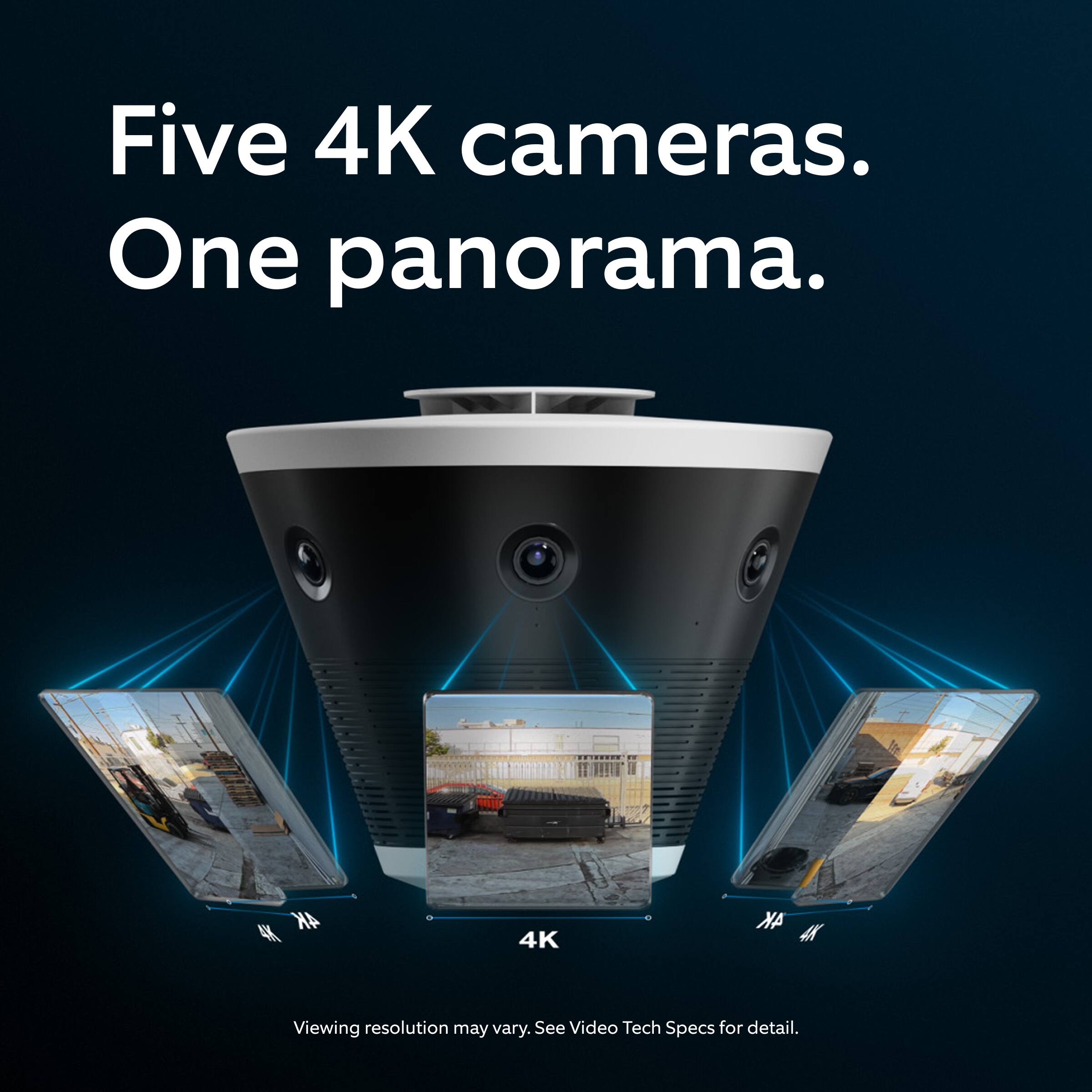 Five 4K cameras.  
One panorama.  

4K 4K 4K 4K 4K  

Viewing resolution may vary. See Video Tech Specs for detail.