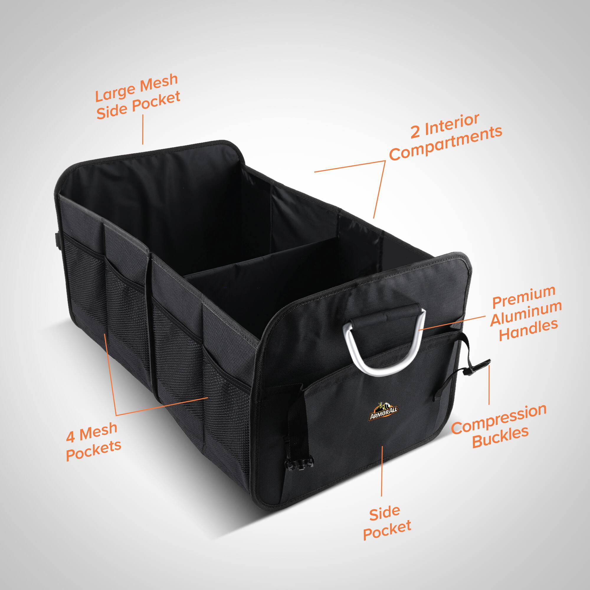 Large Mesh Side Pocket  
2 Interior Compartments  
Premium Aluminum Handles  
4 Mesh Pockets  
Compression Buckles  
Side Pocket