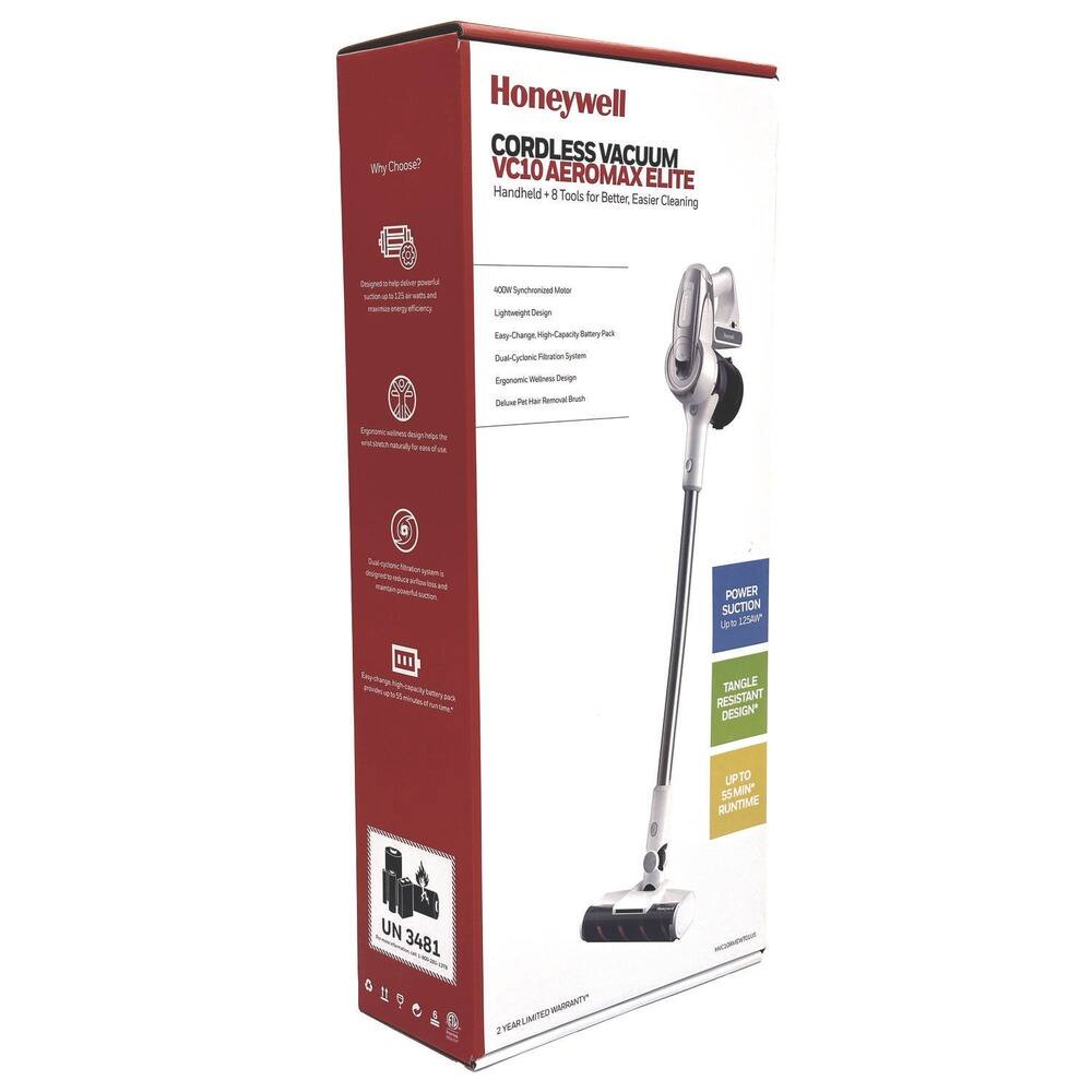 Honeywell  
CORDLESS VACUUM  
VC10 AEROMAX ELITE  
8 Tools for Better, Easier Cleaning  

Why Choose?  
- Designed to deliver powerful suction of 125W and maintain efficiency  
- 400W Synchronous Motor  
- Lightweight Design  
- Dual-Cyclonic Filtration System  
- Ergonomic Well-Designed  
- Deluxe Pet Hair Brush  
- Dual option system to maintain power suction  
- Easy Change, High-Capacity Battery Pack  
- Easy to change battery back  

POWER SUCTION  
Up to 125W  

TANGLE RESISTANT DESIGN*  

UP TO  
55 MIN  
RUNTIME  

UN 3481  

2 YEAR LIMITED WARRANTY*
