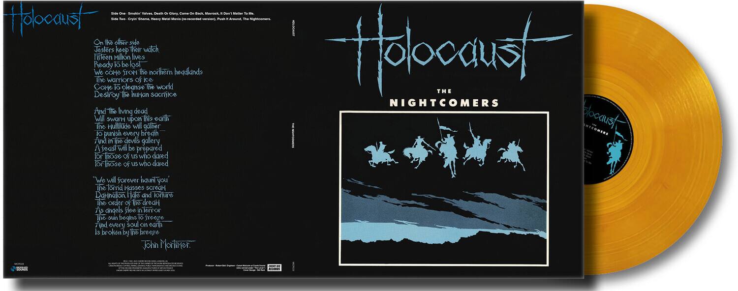 Sure, here is the corrected and grouped text from the image:

---

**Holocaust**

**Side One:**
- Smear, Vengeance, Death or Glory, Cain On Barren, Mordrath, I Don't Matter
- A0 Matar To Me
- Holocaust Boute Res Cryl Shame meavy Menal Mada perecorded versiong Puat
- Araun - ngnecomers

**Side Two:**
- Cryan Shane, Heavy Metal Maniac - re-recorded version, Puat, Ikar, Around The

**On the other side**
Jesters keep their watch  
Thirteen million lives  
Ready to be lost  
We come from the northern headlands  
The warriors of ice  
Come to cleanse the world  
Destroy the human sacrifice

**And the living dead**  
Will the multitude upon this earth slaughter  
To punish every breath  
And in the devils gallery  
A feast will be prepared  
For those of us who dared  
For those of us who cared  
"We will forever haunt" you

**The torrid masses scream**  
Damnation, Hate and torture  
The order of life dread  
The angels flee in terror  
And every soul on earth  
Is broken by the breeze