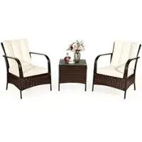 Costway 3 PCS Patio Wicker Rattan Furniture Set Coffee Table & 2 Rattan Chair W/Cushions - White - Front_Zoom