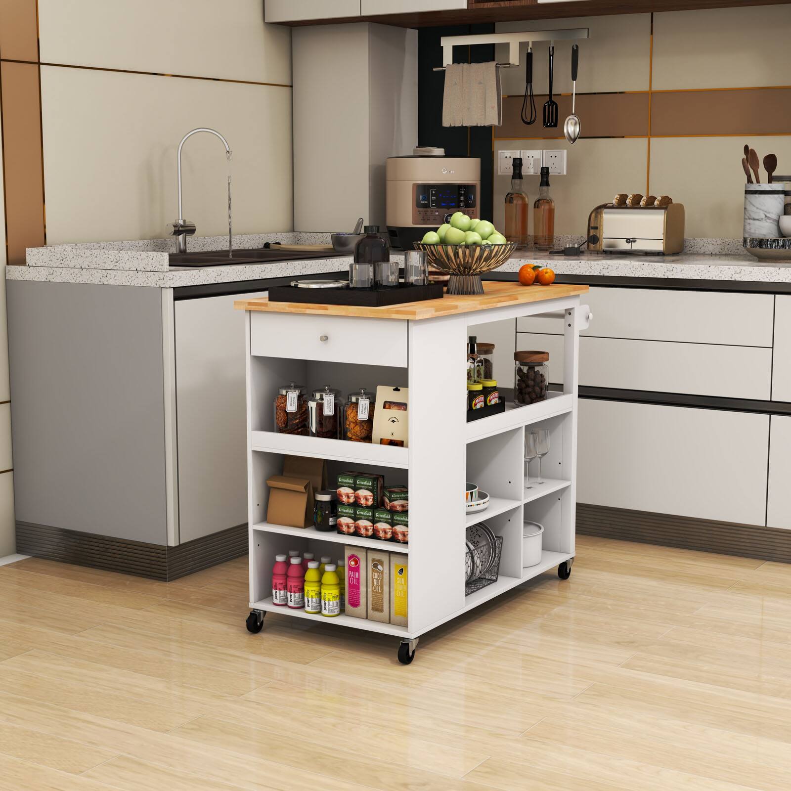 Alt View 8. Ecooso - Kitchen Island Cart on Wheels with Open Shelves, Drawer, and Storage Cabinets for Kitchen - White.
