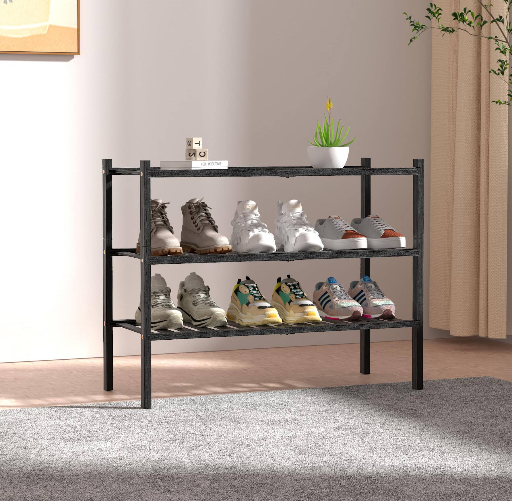 Angle. Dazzed Corner - 3 Tier Bamboo Shoe Rack for Closet Free Standing Wood Shoe Shelf Storage Organizer Stackable - Black.