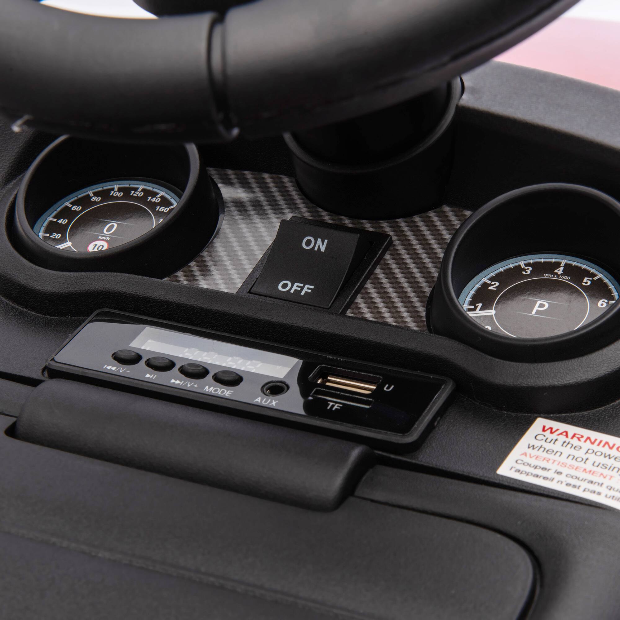 Here is the corrected and grouped text from the image:

**Speedometer:**
- 0 to 160 km/h

**Gear Shift:**
- P (Park)
- R (Reverse)
- N (Neutral)
- D (Drive)
- 1, 2, 3, 4, 5, 6

**Power Button:**
- ON
- OFF

**Audio Controls:**
- H/V
- MODE
- AUX

**USB Port:**
- TF (microSD card slot)

**Warning Label:**
- WARNING
- Cut the power when not using the device
- AVERTISSEMENT
- Coupez l'appareil quand il n'est pas utilisé