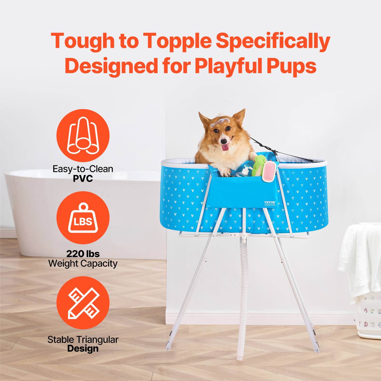 Tough to Topple  
Specifically Designed for Playful Pups  

Easy-to-Clean PVC  

220 lbs Weight Capacity  

Stable Triangular Design