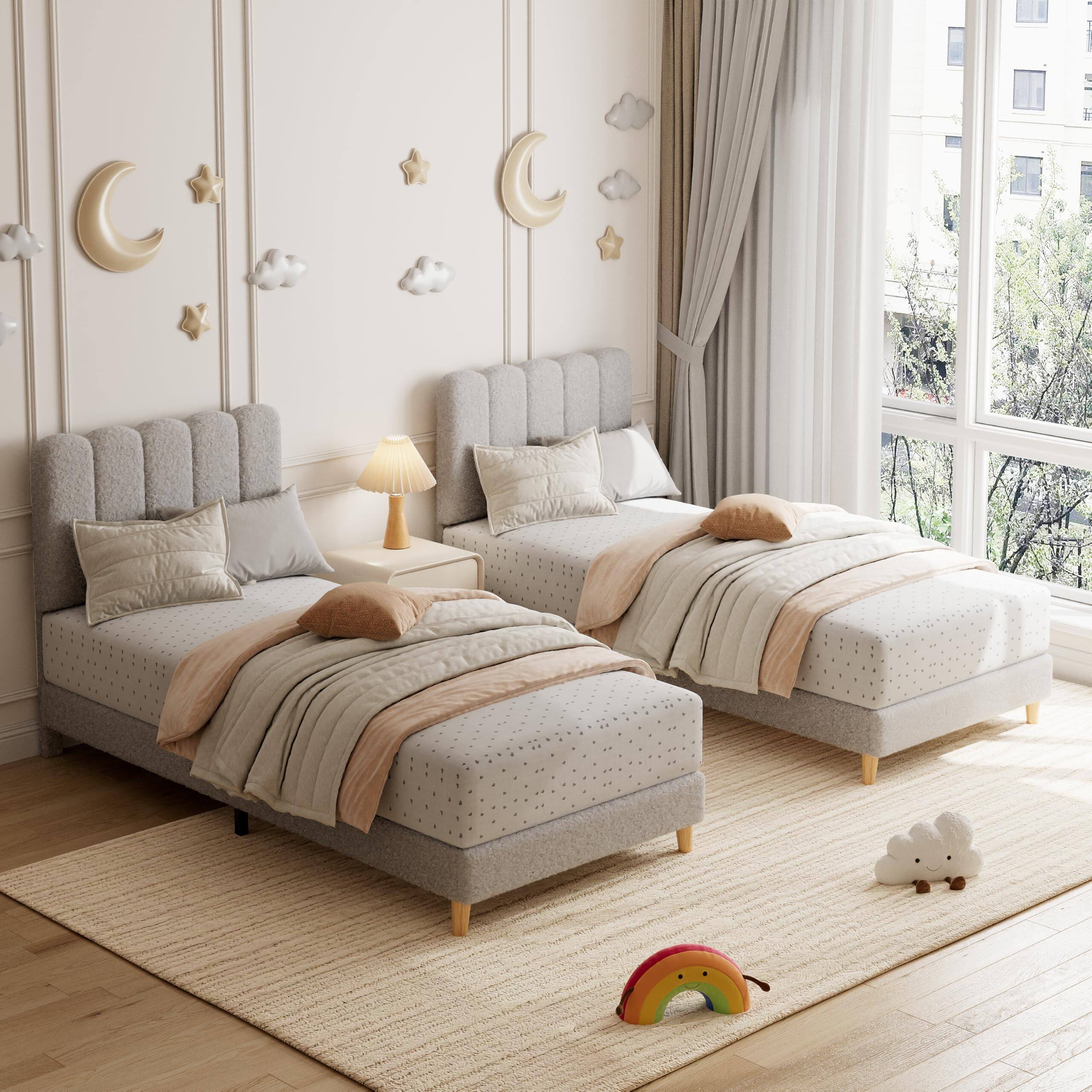 Angle. Homhougo - Twin Bed Frame, Boucle Upholstered Platform Bed with Wave Headboard for Girls/Kids, Easy Assembly, Wooden Slats Support - Gray.