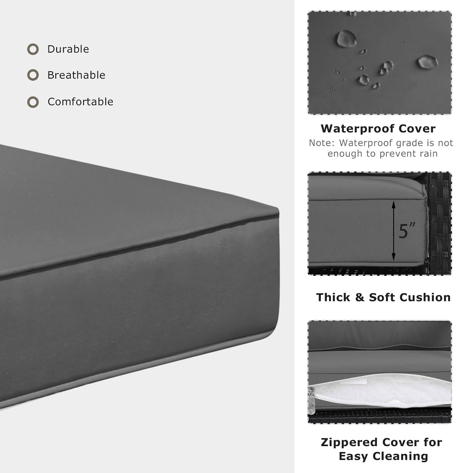 Durable, Breathable, Comfortable, Waterproof Cover, Note: Waterproof grade is not enough to prevent rain, 5", Thick & Soft Cushion, Zippered Cover for Easy Cleaning