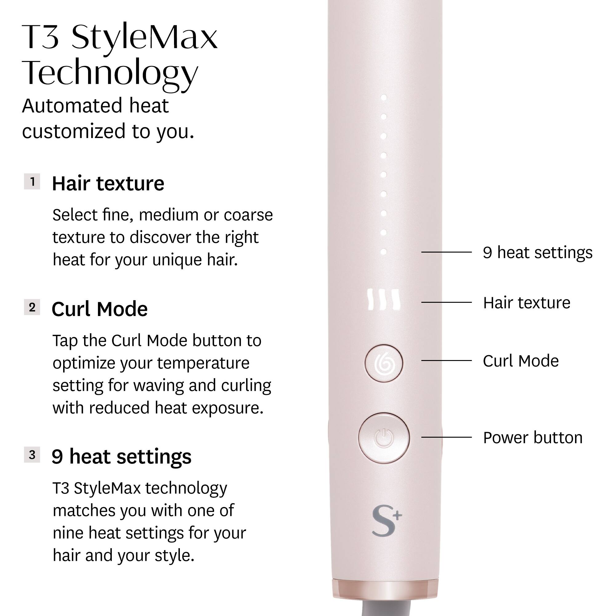T3 StyleMax Technology  
Automated heat customized to you.

1. **Hair texture**  
   Select fine, medium or coarse texture to discover the right heat for your unique hair.

2. **Curl Mode**  
   Tap the Curl Mode button to optimize your temperature setting for waving and curling with reduced heat exposure.

3. **9 heat settings**  
   T3 StyleMax technology matches you with one of nine heat settings for your hair and your style.

- 9 heat settings
- Hair texture
- Curl Mode
- Power button