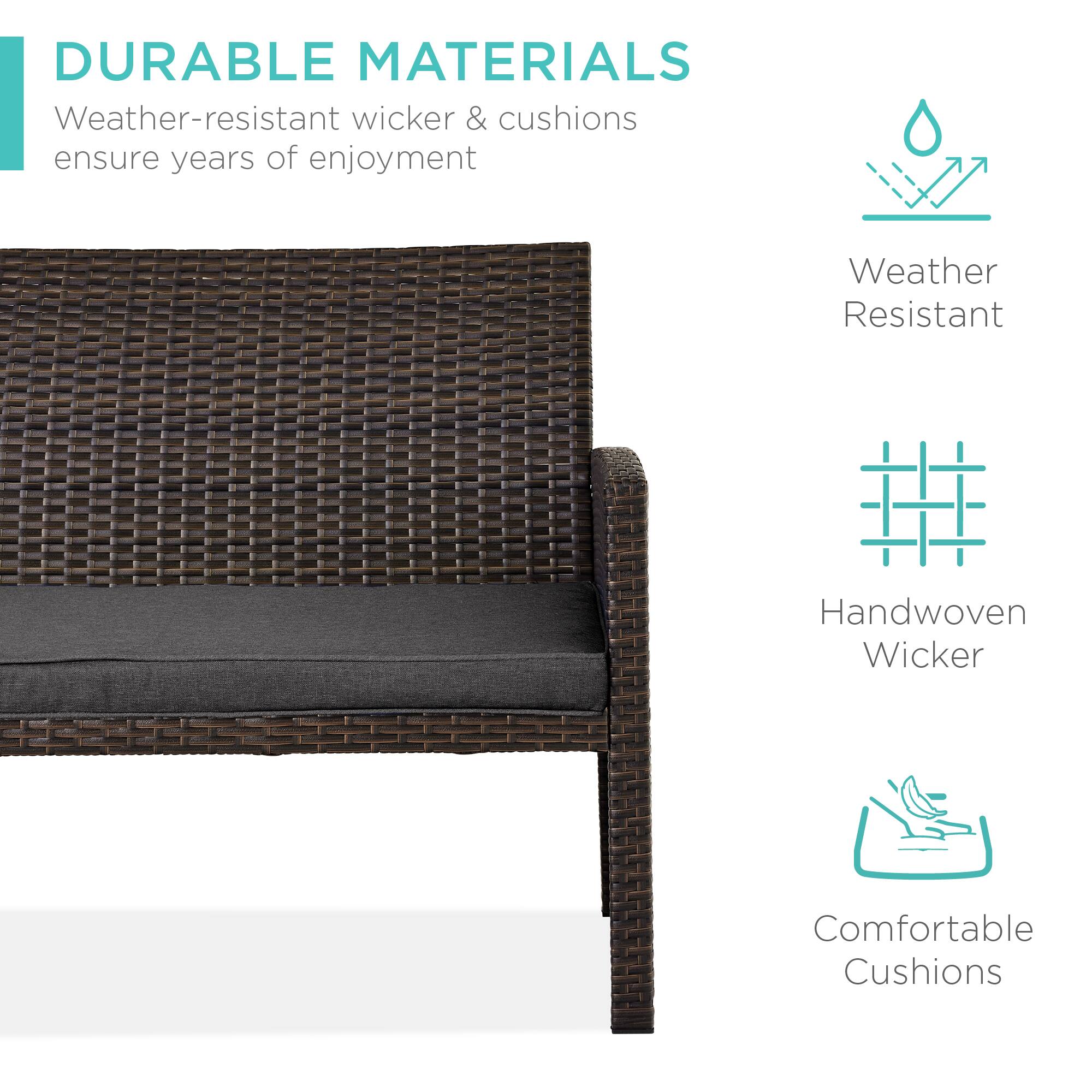 DURABLE MATERIALS  
Weather-resistant wicker & cushions ensure years of enjoyment  

Weather Resistant  
Handwoven Wicker  
Comfortable Cushions
