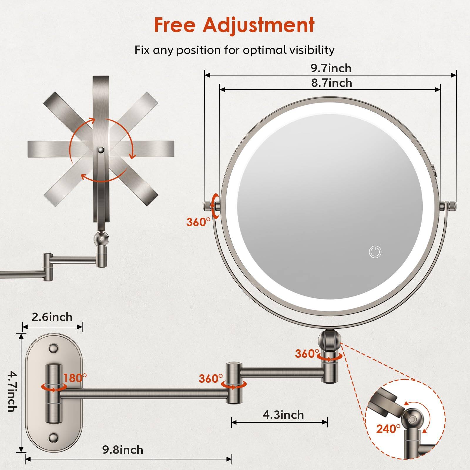 Free Adjustment  
Fix any position for optimal visibility  

9.7inch  
8.7inch  

360°  

2.6inch  
4.7inch  
180°  
360°  
360°  
4.3inch  
240°  
9.8inch