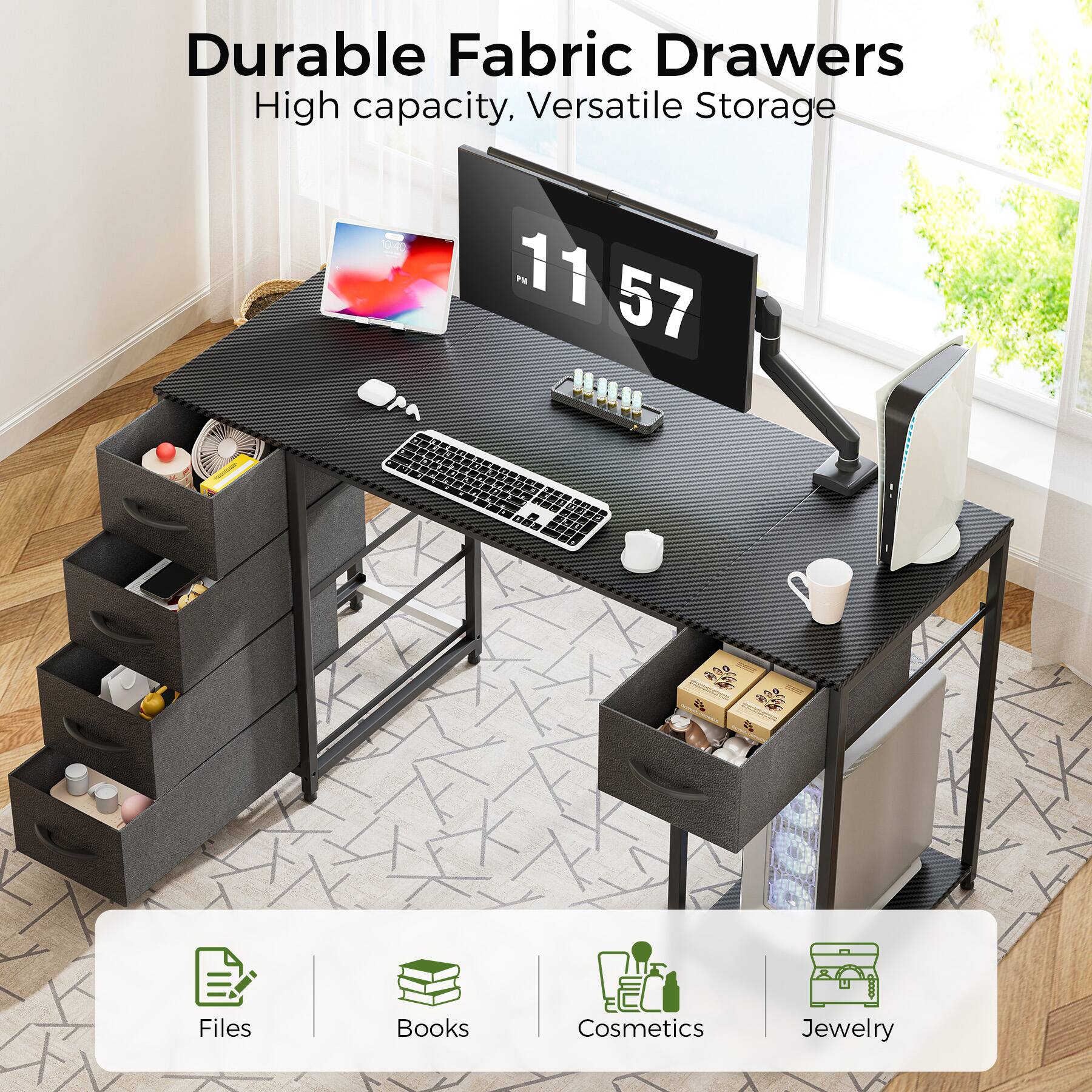 Durable Fabric Drawers High capacity, Versatile Storage

Files
Books
Cosmetics
Jewelry