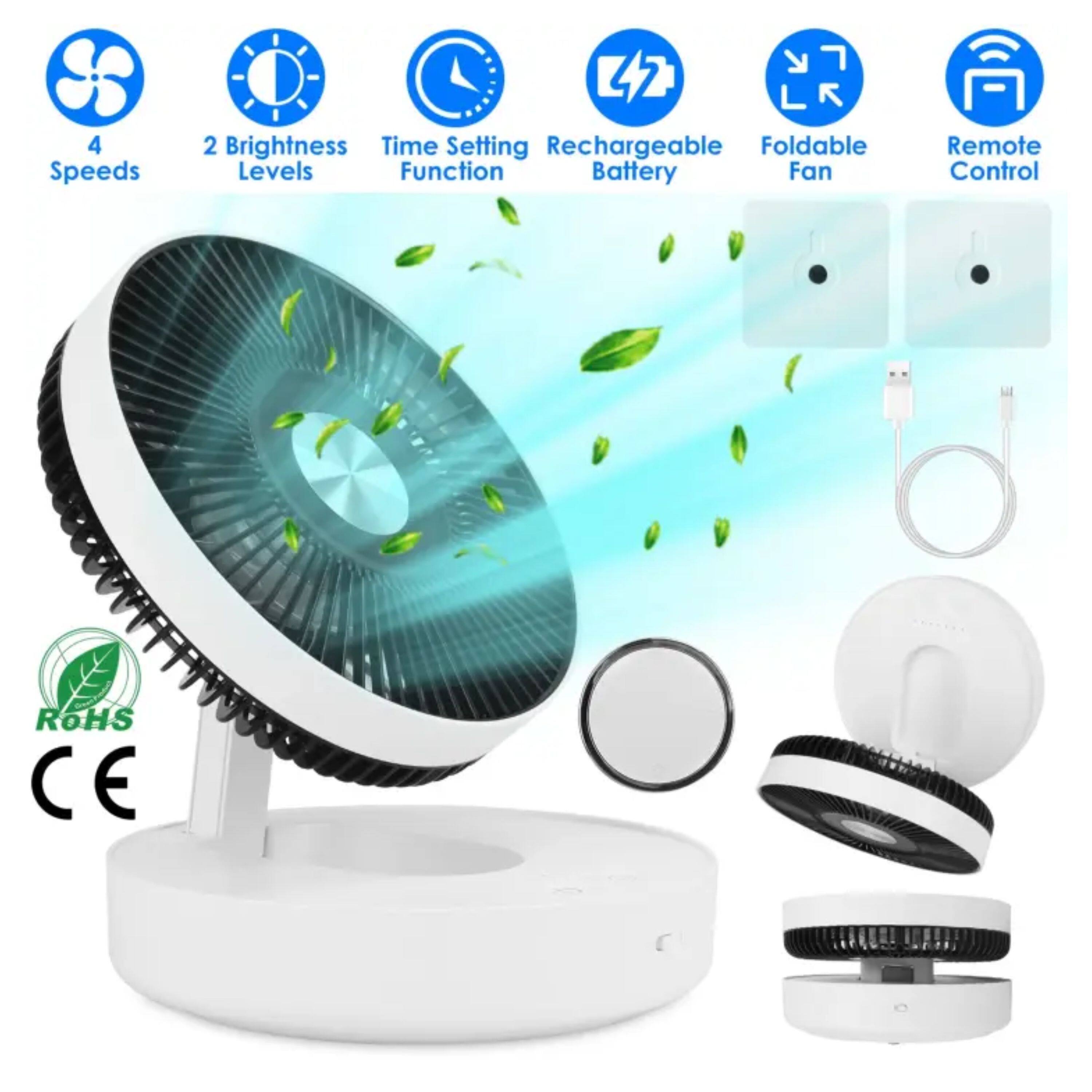 4 Speeds  
2 Brightness Levels  
Time Setting Function  
Rechargeable Battery  
Foldable Fan  
Remote Control  
ROHS CE