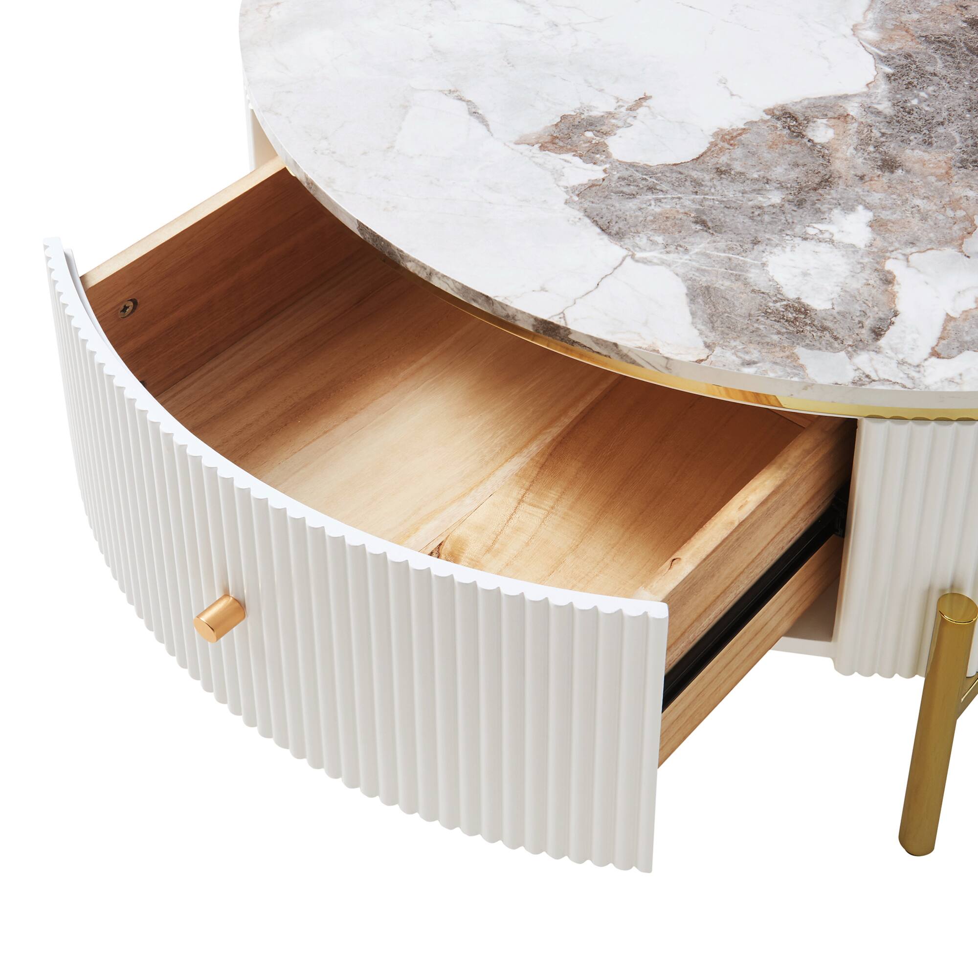 Alt View 8. GOODSILO - Contemporary Round Coffee Table with Dual Large Drawers for Enhanced Living Room Storage and Style - Off White.
