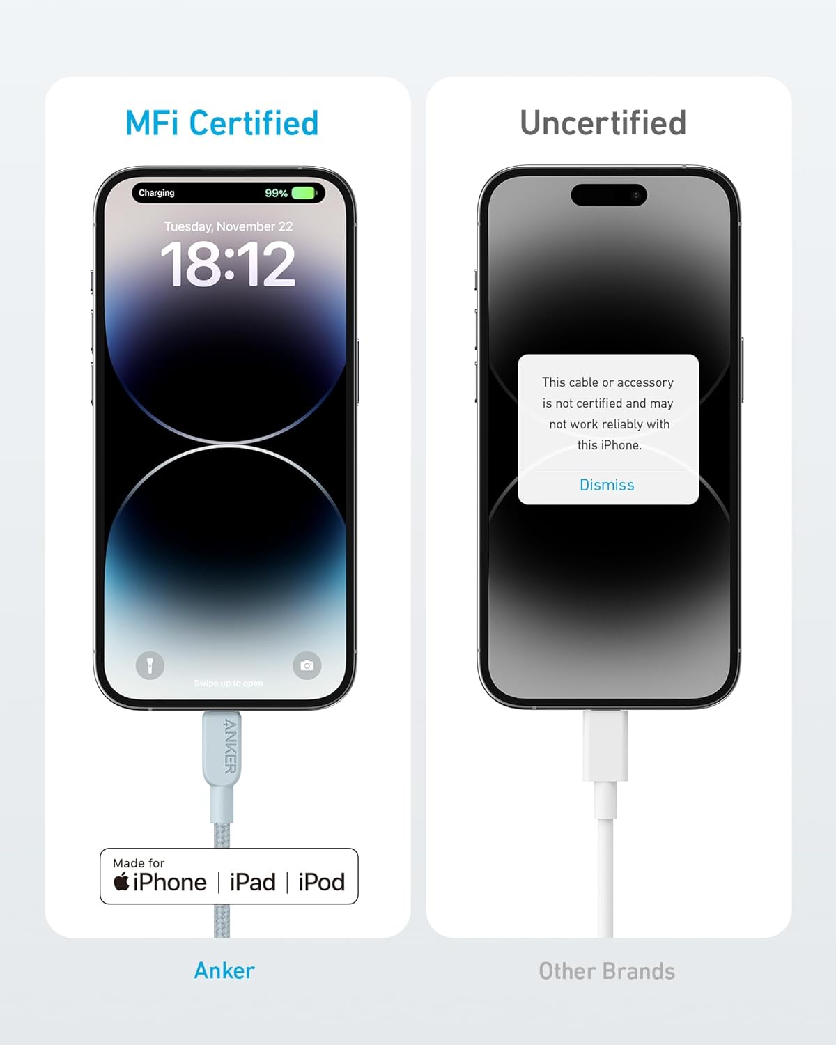 MFi Certified  
Uncertified  

Charging  
99%  
Tuesday, November 22  
18:12  

This cable or accessory is not certified and may not work reliably with this iPhone.  
Dismiss  

Made for iPhone | iPad | iPod  
Anker  

Other Brands