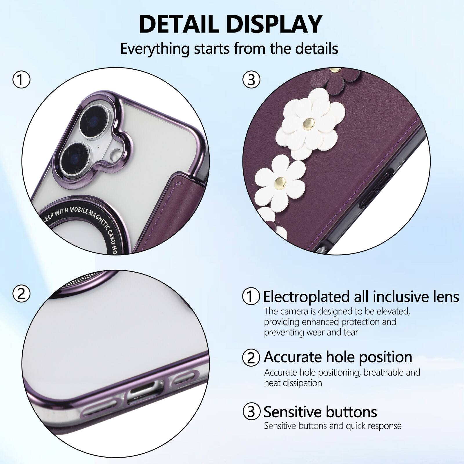 DETAIL DISPLAY  
Everything starts from the details  

1. Electroplated all inclusive lens  
The camera is designed to be elevated, providing enhanced protection and preventing wear and tear  

2. Accurate hole position  
Accurate hole positioning, breathable and heat dissipation  

3. Sensitive buttons  
Sensitive buttons and quick response
