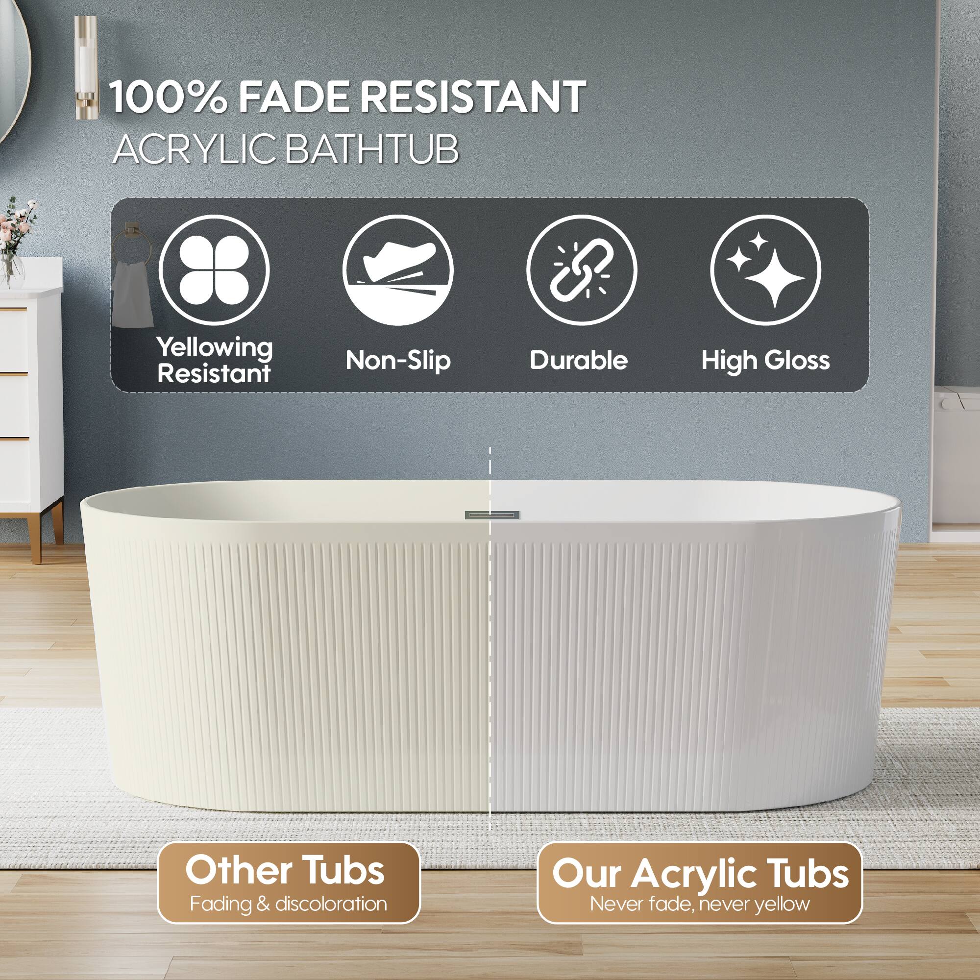 100% FADE RESISTANT ACRYLIC BATHTUB

Yellowing Resistant
Non-Slip
Durable
High Gloss

Other Tubs
Fading & discoloration

Our Acrylic Tubs
Never fade, never yellow
