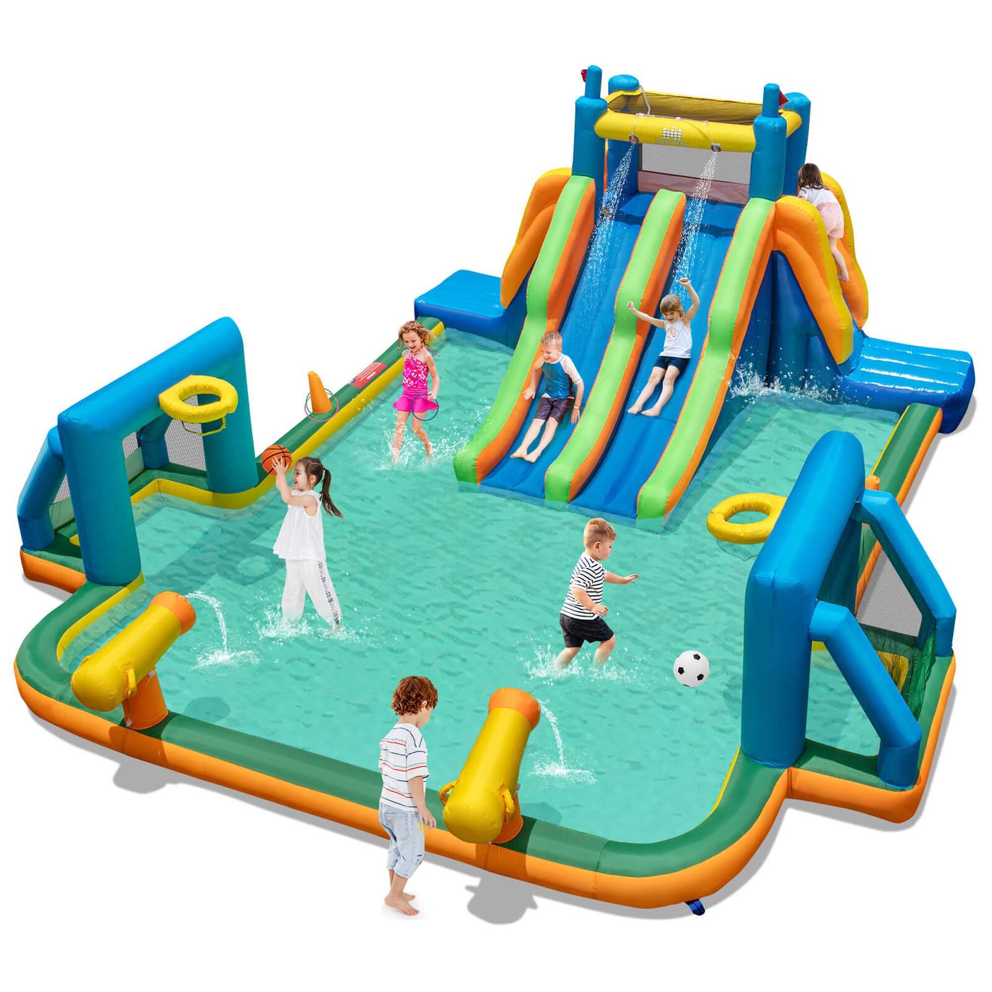 Costway - Inflatable Water Slide with 2 Long Slides Pool Climbing Walls Blower Excluded - Multicolor