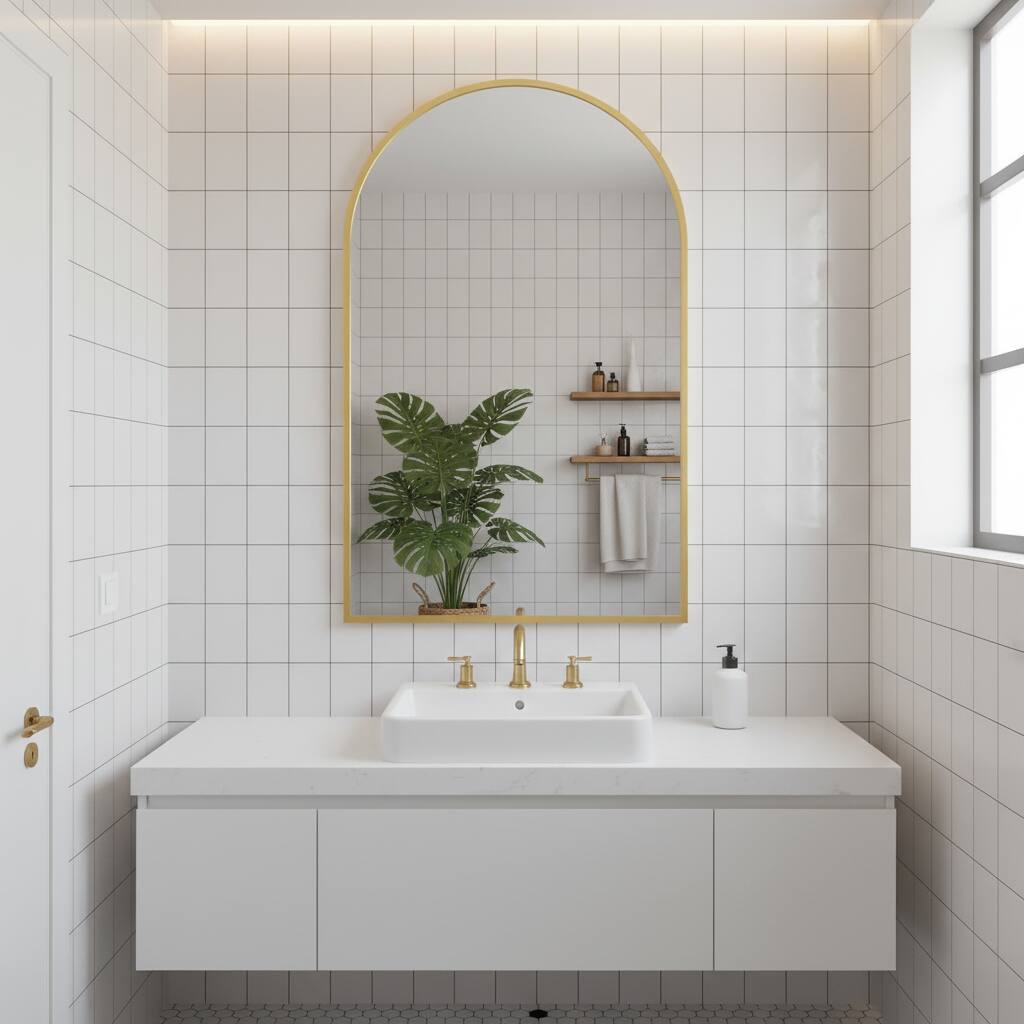 Alt View 4. AOITUN - Arched Gold Bathroom Mirror 20x30 for Home Office Decor, Ideal for Desks with Drawers for Daily Use.