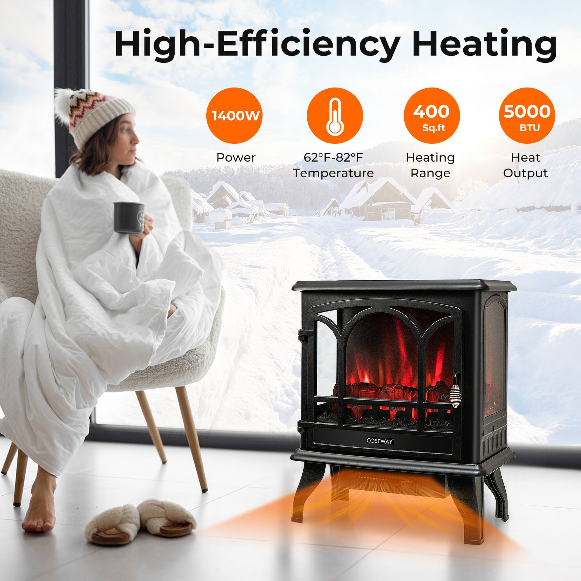 High-Efficiency Heating

1400W  
Power

62°F-82°F  
Temperature Range

400  
Sq.ft  
Heating Range

5000  
BTU  
Heat Output

COSTWAY