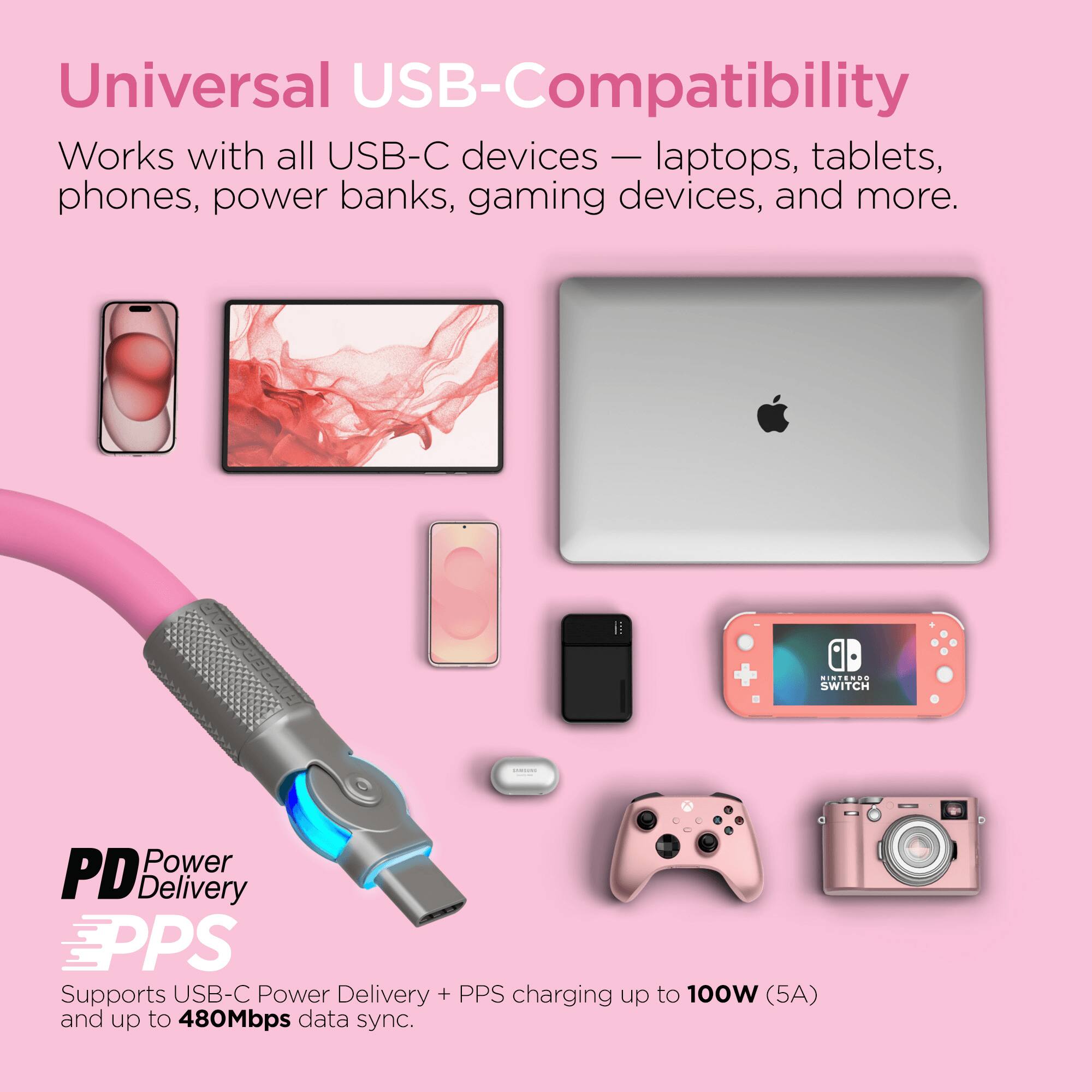 Universal USB-Compatibility  
Works with all USB-C devices — laptops, tablets, phones, power banks, gaming devices, and more.  

PD Power Delivery  
EPPS  
Supports USB-C Power Delivery + PPS charging up to 100W (5A) and up to 480Mbps data sync.