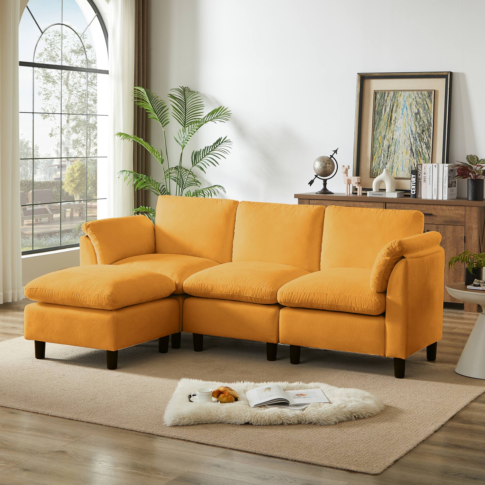 Angle. Electra Tech Xpress - Modern L-Shaped Chenille Upholstered Sectional Couch for Living Room, 3 Seater Cloud Sofa with Ottoman - Orange.